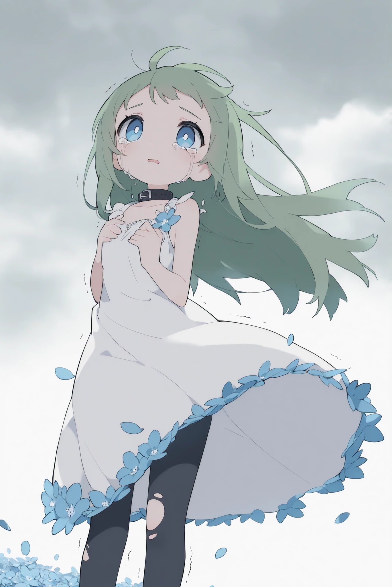 1girl, blue eyes, Sadness face,crying face、big tears、facing up、 green hair, pin your bangs, long hair , torn tights, to be hugged, open your chest, tattered dress,collar、Leggings、After the war、Orphan、torn clothes、Blood dripping from cheeks、 Torn back、Visible Skin、small breasts、small body、Small waist, Trembling legs,Inner thighs、 stands in the middle of the night, 1 ugly man、Embraced by a horrible looking man、On a field of blue flowers, adultic、cinematic, petals, Cloudy grey sky wrapped in white smoke, Rays from the Sky, EXTERIOR, Wind Rift, low angle between mountains, masterpiece, top quality, great quality, Extremely Aesthetic, very high resolution, Newest