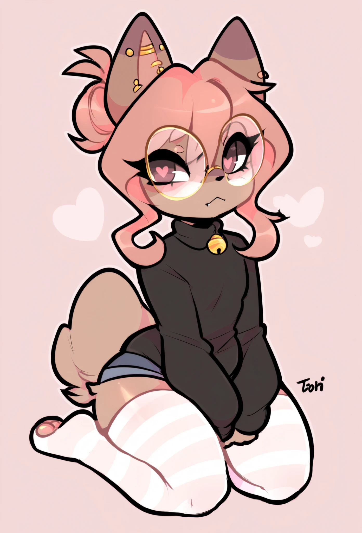 (score_9, score_8_up), score_7_up, score_6_up, score_5_up, score_4_up, Hazel Typh, 1boy, best quality, furry, brown fur, pink hair, animal ears, gold piercing, heart-shaped pupils, animal nose, pink eyes, hair bun, long tail, expressionless, closed mouth, fang, black dress, puffy sleeves, kneeling, on knees, pink background, looking at viewer, round glasses, beautiful and detailed, man (((Male))) ((anthro)) cat, (Averi, cat boy), by waspsalad, by phluks, by zero-sum, cat, (anthro, fluffy fur, character focus:1.1), 1boy, anthro cat boy, body fur, nice, cute, digital drawing, (half-closed eyes), big eyes, sweater, short shorts, thigh highs, stockings, (hi res), ((masterpiece)), ((best quality)), Cat, male cat, femboy furry, clean sketch, anthropomorphic cat, fursona, sharp teeth, big ears, smooth hair, smooth fur, long eyelashes, makeup, thin, chubby face, flat chest