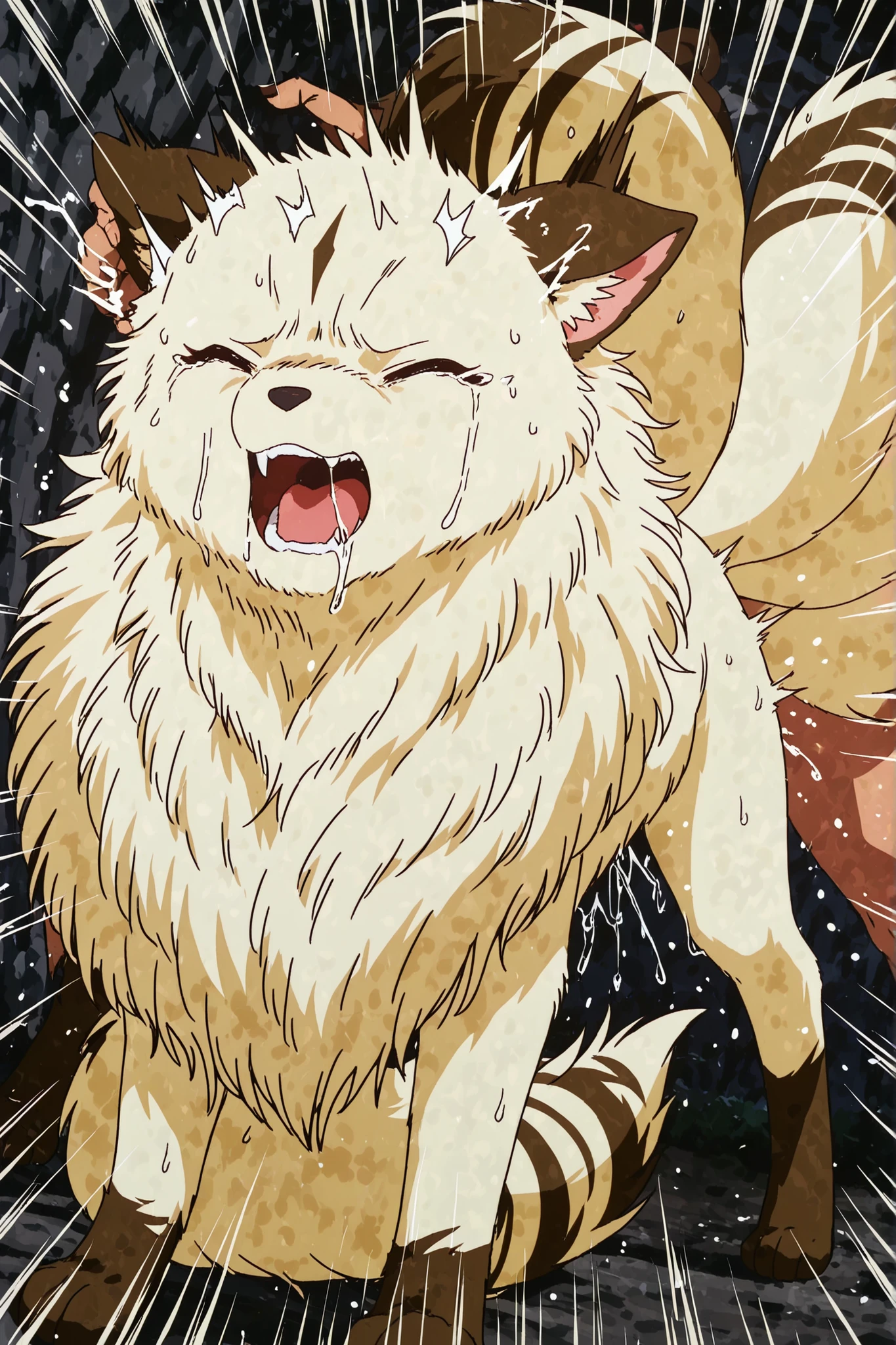 The fluffy fur feral four legs non humanlike,no human tranform kirara with many tails having sex open mouth by the man,pain,closed eye,full body,