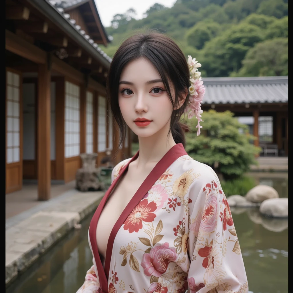 masterpiece, The highest image quality, hightquality, beautiful a girl, japanes, Japan schoolgirl, Popular Korean Makeup, detaileds, Swollen eyes, A detailed eye, Detailed skin, Beautiful skins, 超A high resolution, (Realistis:1.4), very extremely beautiful, Slightly younger face, Beautiful skins, slender, (A hyper-realistic), (illustratio), (hight resolution), (8K), (ighly detailed), (The best illustrations), (beautifully detailed eyes), (ultra-detailliert), (wall-paper), (详细的脸), looking at the viewers, finely detail、A detailed face、pureerosfaceace_v1、Toothless smile、Looking straight ahead、Looking straight ahead、angle from waist up、photos realistic、Bright lighting、profetional lighting、A dark-haired(Some greenery)、length hair、Dark ruins、Big Red Moon、Gorgeous red and black dress with open chest、a matural female、long stylish bangs、fully body photo、Big、drooing eyes、