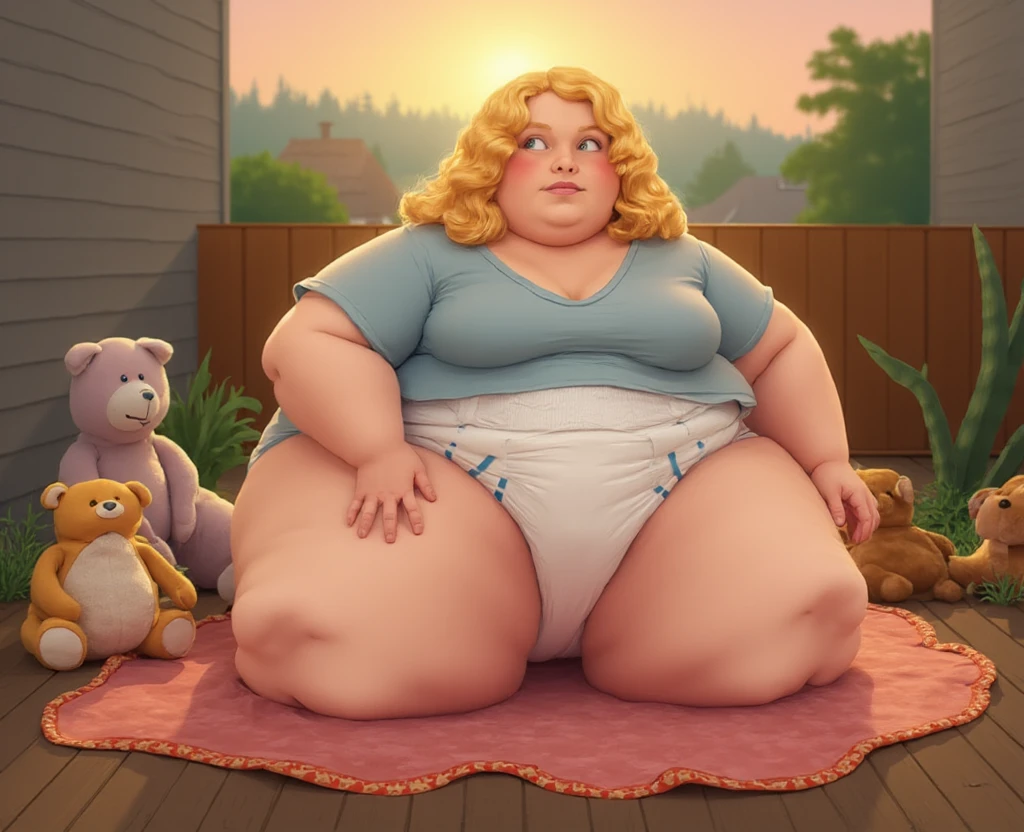 ((Best quality)), ((masterpiece)), (detailed), pig, pig girl, furry pig, big body, большой body, is sitting, smooth belly, shorts, серые shorts, T-shirt, View from afar, long hair, blonde hair, Beautiful face, skinny face, age 45, voluminous hair , curly hair, pig furry, Only 1 character, надутый belly, very big body, fat body, bloated body, pumped body, body looks like an inflated ball, backyard of the house, round belly, smooth belly, pump, belly is round, Navel, Long legs , однотонная T-shirt, Hands down, scared look