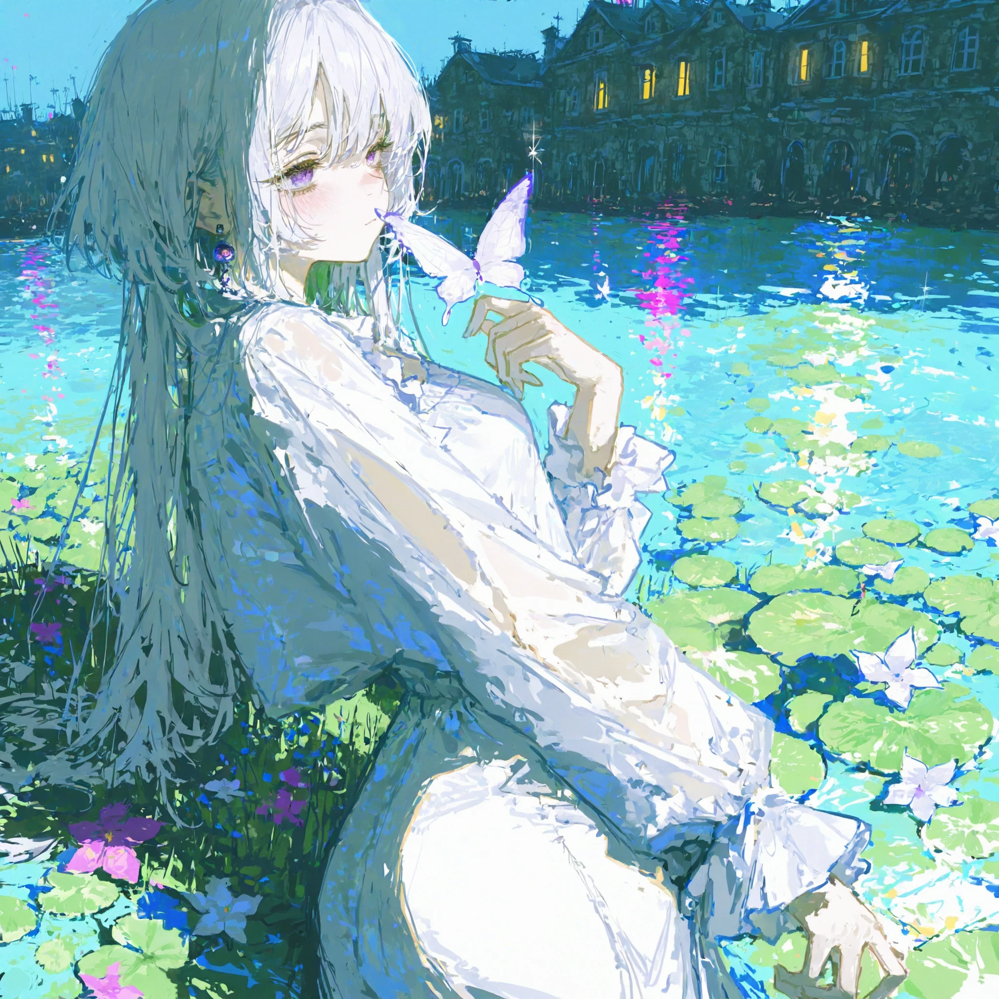 best quality,Masterpiece,high resolution,Newest,(Narrative work:1.3),
1 girl,skirt,cowboy shooting,long hair,easy and simple,Shallow Shrub,bubble,漂浮的flower朵,Wet clothes,,flower, Butterfly,((water,caustics,blue theme,An extremely beautiful and delicate girl, ,sunlight, sunshine,(Colored Lights:1.3),brightly colored shadow,Beautiful detailed shadows,best shadow,Impressionist Style Painting,cinematic lighting,,Beautiful Lights,illustration,stands downtown during realistic,contour,Silvery white long waisted hair,Amethyst ethereal eyes,Classic style painting,Melancholy Lights,Beautiful and detailed face,Beautiful detailed shadows,Silvery white eyelashes,A white dress with a high slit,Emphasize the H cup,big boobs,OPPEIN,painted by Claude Monet,(brightly colored,cute,sexy,Dreamy,The appearance of a tilting city,Beautiful detailed shadows)