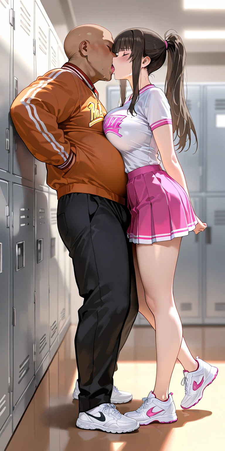 Girl squatting and sucking penis、Grabbing hair男の手、Big penis、One girl,18-year-old,Excellent anatomy, masterpiece, Highest quality,Realistic, hyperRealistic, 16k hdr,(((Deepthroat))),NSFW、T-Shirts、Shorts, Sweat、(((Grabbing hair)))、Twin tails、Blowjob、Semen、Small breasts、、In the toilet、Girl with bill、Sportback