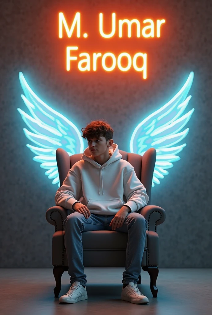 Prompt: Create a 3D illusion for a picture where a boy 25 years in a   green    black t-shirt and white pant sits casually on a Wingback Chair. Wearing sneakers ,, and , he looks ahead. The background features "Md.Omor Farok" in big and capital white fonts on the green   wall. There should not be his shadow, and there are wings to make it appear as if he is an angel.
