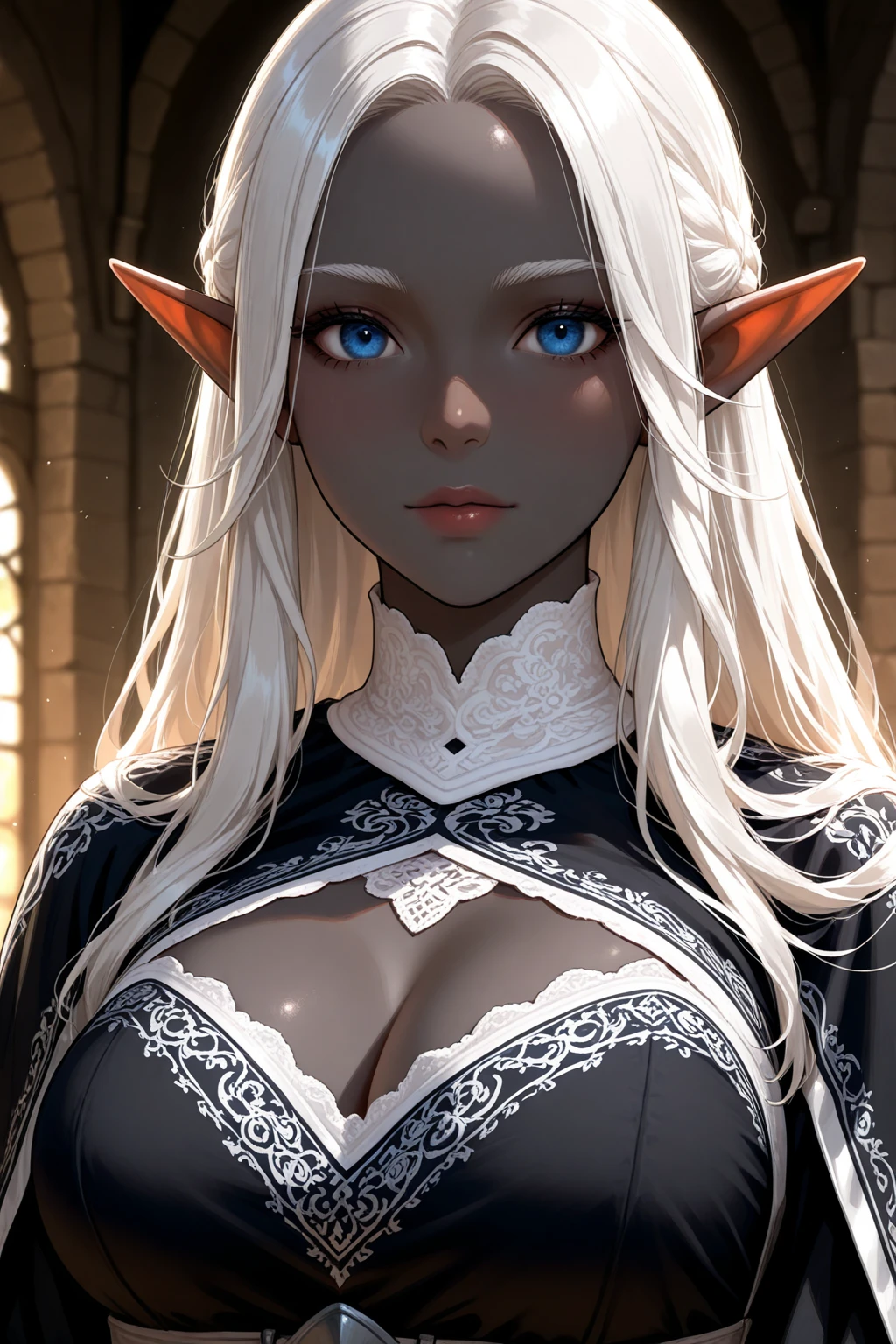 (8k ultra HD quality, best quality, 1 woman, alone, dark-skinned woman, elf, long white hair, beautiful face, flushed cheeks, beautiful woman, beautiful face, perfect eyes, beautiful eyes, lip gloss, beautiful lips, detailed , detailed eyes, detailed face, artwork, large breasts, sexy, elf costume, elf queen of the magical forest, portrait, magical nature, flowers, parted lips, dark eyes, looking at viewer, enchanted forest background, breasts huge, small sample, sexy, holding breasts, wallpaper, elf goddess