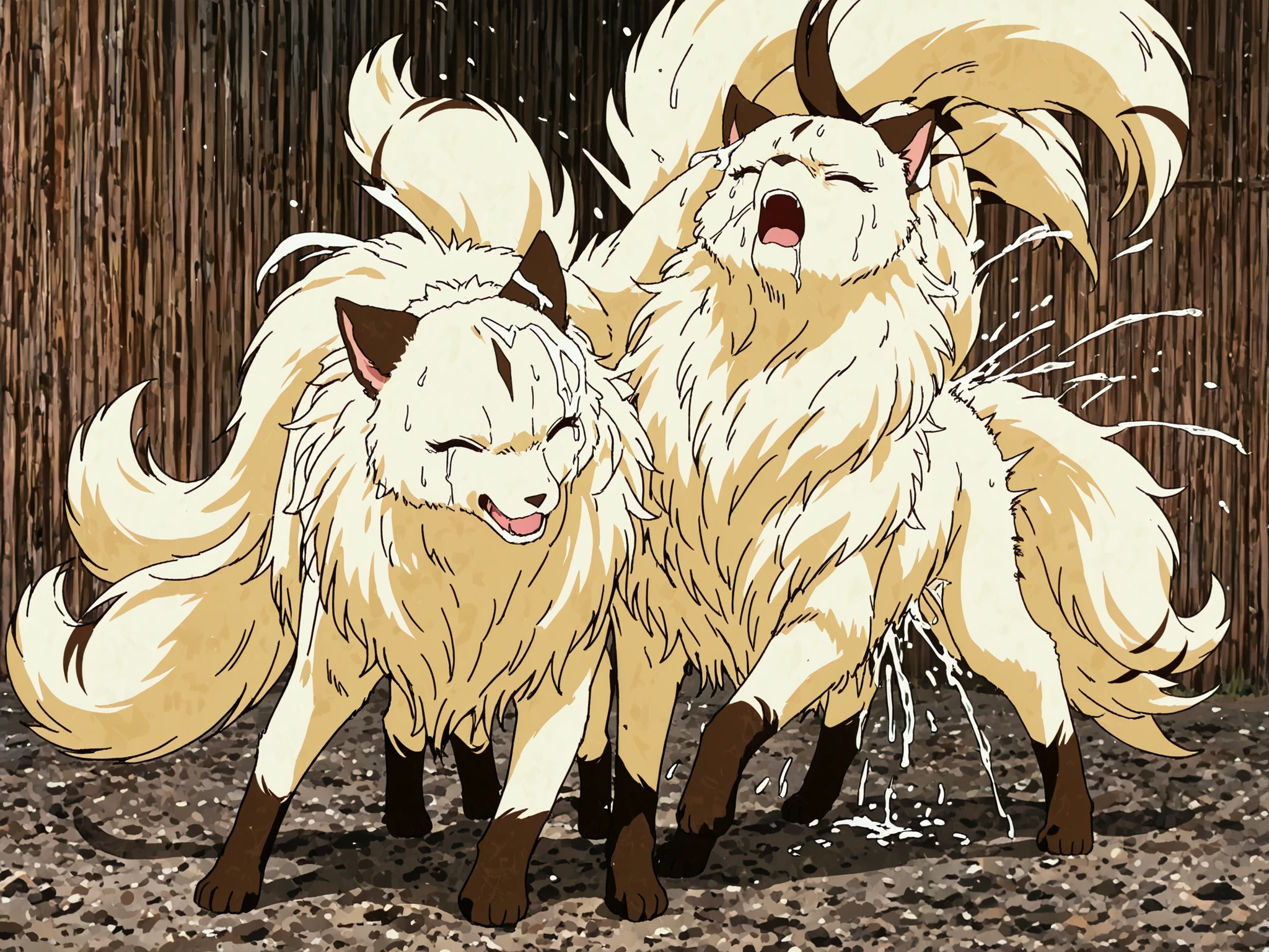 The fluffy fur feral four legs non humanlike,no human tranform kirara with many tails having sex open mouth by the man,pain,closed eye,full body,