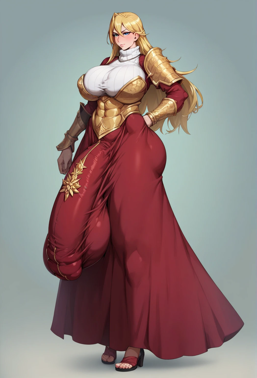 (Masterpiece, plain background:1.2) 1sologirl standing straightforward symmetrical wearing only red high heels 👠, Selvaria Bles