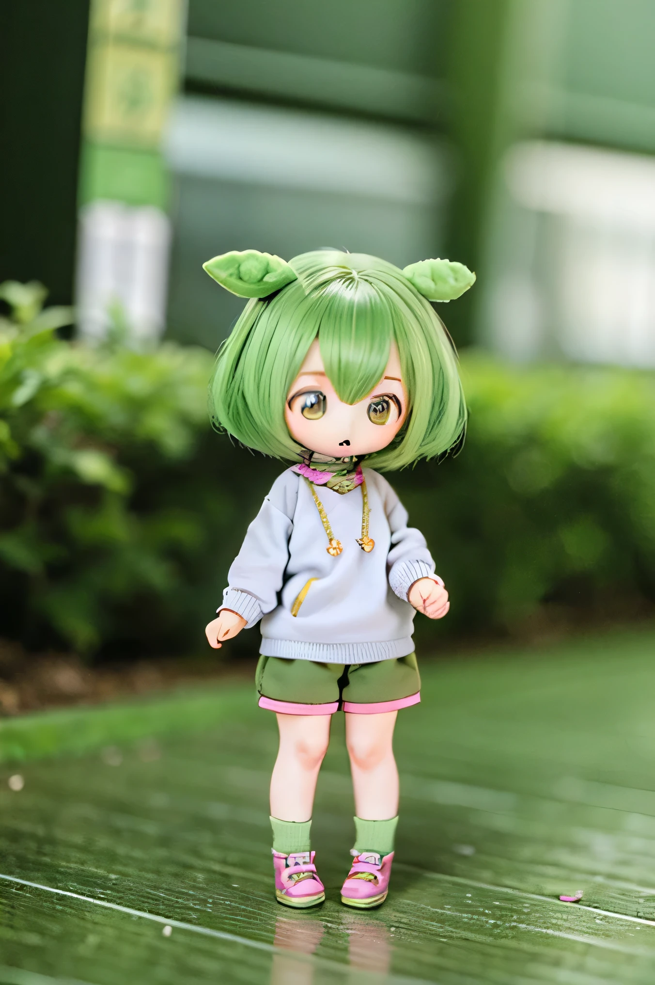 cute green-haired zundamon in playful pose, ( chibi), Detailed character designs around the city , Delicate Details , surreal , photorealistic , 8k, masterpiece , is high resolution, bright color, I'm wearing a spring spring sweater , Natural Light, 、 warm palette , amazing , fantasy shots with Nikon Z7 II mirrorless camera , cute , cuteデザイン , , Heartwarming、Edamame、 Naked、little word