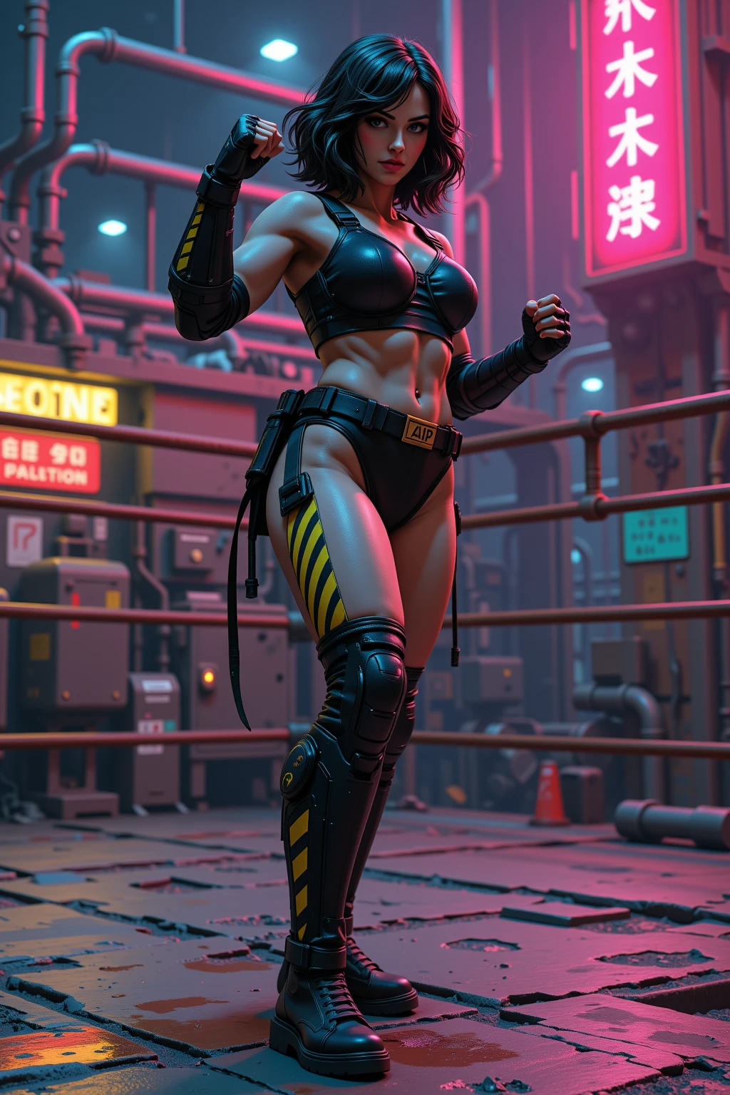 dark cyberpunk city ruins, Beautiful Asian cyberpunk woman with dark cleopatra style eyeliner and under eye makeup, wearing a cyberpunk thong bikini combat boots and equipment belt, best quality, super detail, 16k, masterpiece, anatomically correct, full body view