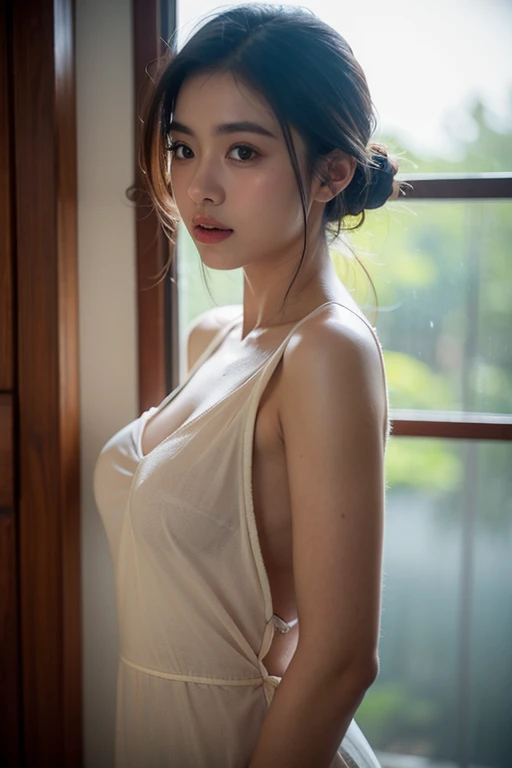 8K, of the highest quality, masutepiece:1.2), (Realistic, Photorealsitic:1.37), of the highest quality, masutepiece, Beautiful young Japan woman, Pensive expression, Thoughtful look, She is elegantly dressed in a white flared chiffon short dress, Flaxen hair tied back, Messy mood, Cinematic background, Tired, Slender body and light skin tone