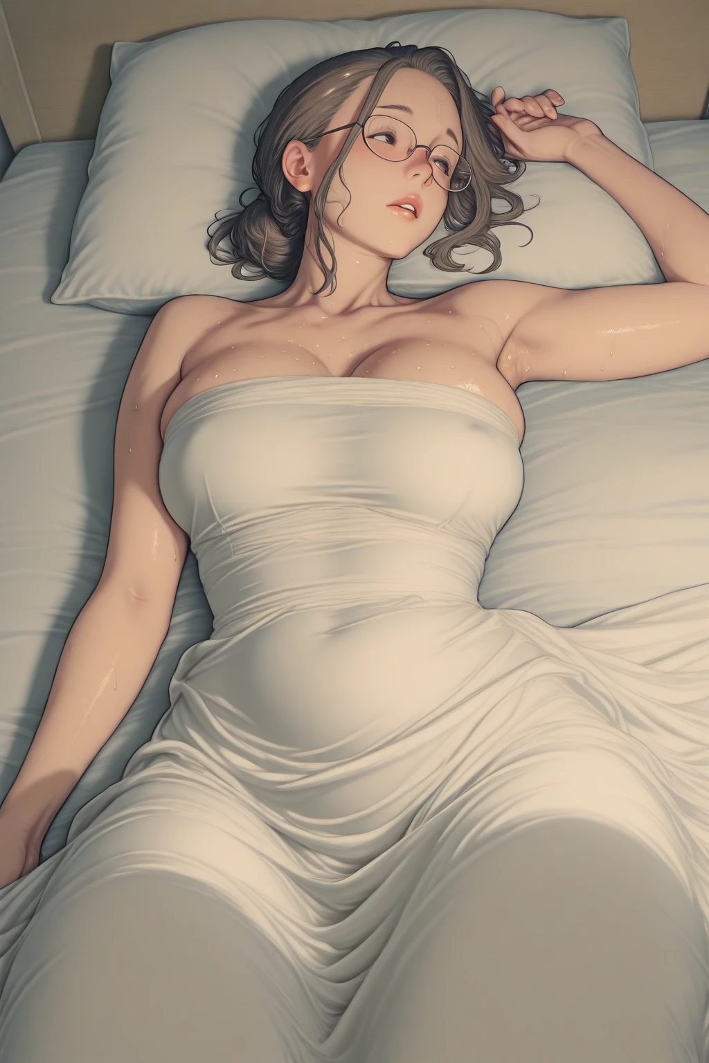There's a sexy 30-year-old woman (Peta Jensen pov), cabelos longos cinza (cabelos grisalhos), nurse enfermeira, roupa branca justa, Blouse unbuttoned to the belly, completamente desabotoado, without the buttons, piercing na barriga, no-bra, does not wear a bra, belos seios enormes (Angela Big White)), Mamalhuda, molhados e macios, suada, corpo molhado, suor escorrendo pelos seios, hands resting on the leg, close de cima, visto de cima, View from above, olhar de cima, olhar penetrante e sensual, nariz esnobado, boca entreaberta, carnudo, red lips, olhos azuis, pele clara, sardas, e lasciva, quadril largo, barriga sarada, piercing na barriga, vestido bem curto justo, quadril largo, um quarto de hospital, untidy sheets, quarto rico em detalhes, cinematic natural light, great contrast, Sombras, filtro, profundidade, anatomia feminina perfeita, 4k
