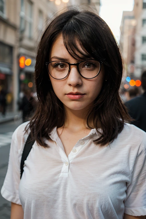 high resolution raw dslr full body shot photo of tatms, a woman,cosima hair,glasses,red shirt,red pants,nose ring,front view,in street,looking at viewer,illuminated from behind,realistic skin texture,pores,sunny,sweaty skin,cinematic,depth of field,masterpiece,volumetric lighting,cinematic,surreal dramatic shadow,rim lighting