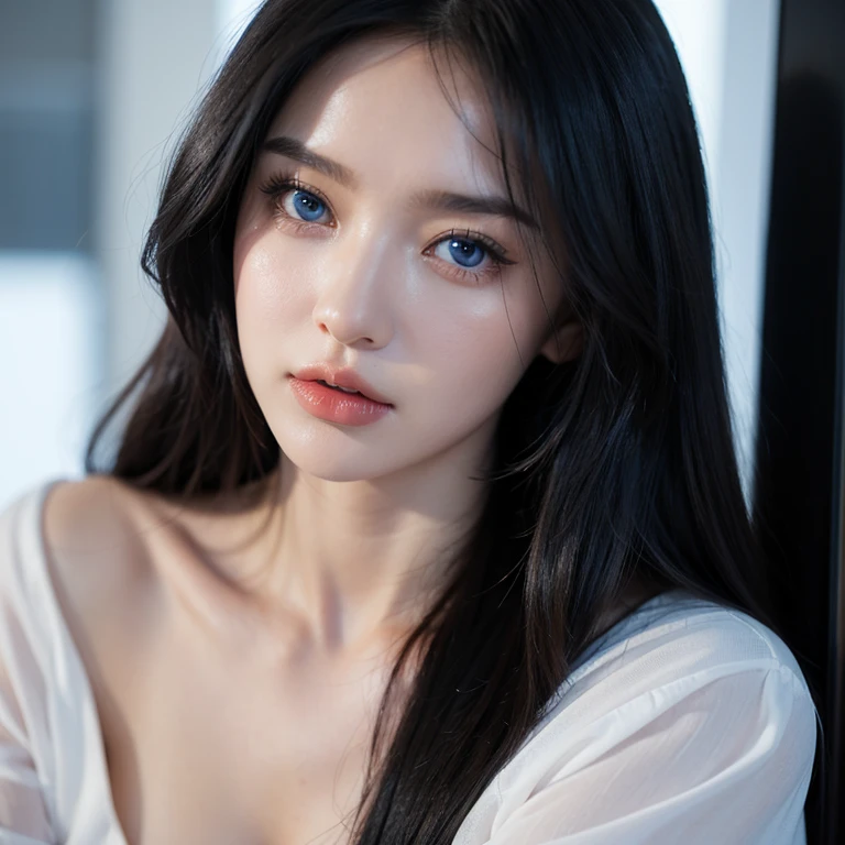 8K, Top Quality, Intricate Details, Ultra Detail, Ultra High Resolution, Masterpiece, close up shot, (full body: 1.1), Slender, Smile, (Makeup: 0.4), (Fluffy Blue Eyes: 1.21), blue Eyes, ((full body)), 1girl, solo, 1 girl, (( full body)), close up shot, , ((tall)), (((fit body))), (((slim face))), sharp face, sharp eyes, (( black hair, long hair, random hairstyle )) , (detailed face), sharp face, small lips,
((open shirt)), detailed face, detailed breast, , large breast, detail ass, , Beautiful girl with accentuated slender abs: 1.4, Six Pack Abs: 1.4, Bust Botox, Big, Perfect Body, detail leg, (( dark background)), black background,