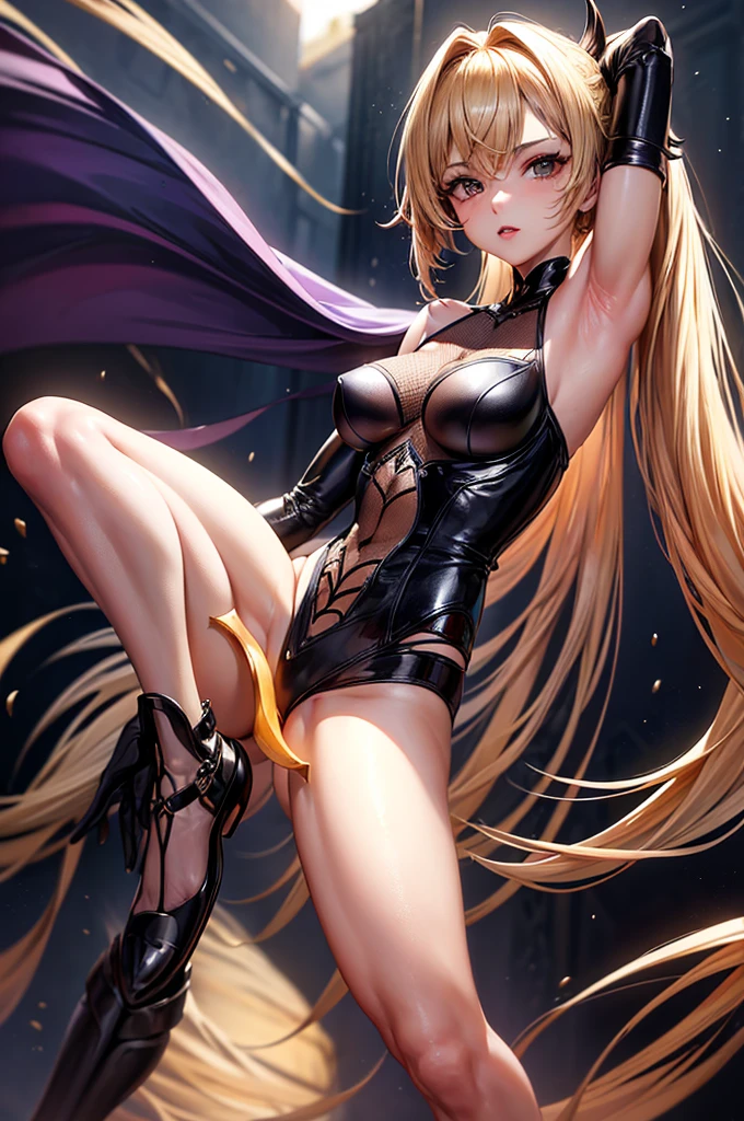 (masterpiece, sensual, high resolution), blonde twin tail , (skimpy Purple dress :1.3) with a seductive design , black ribbon, seductive pose , perfect anatomy, huge boobs, muscular , (captivating gaze:1.2), (flowing raven hair:1.1), (delicate makeup:1.2), fischldef, (soft natural lighting:1.2), (intimate atmosphere:1.1), (subtle background:1.1), highlighting her curves, (medium but firm and soft buttocks:1.3), (perfect angle:1.5) , (alluring expression:1.1), (exquisite composition:1.1) Cinematic, Hyper-detailed, insane details, Beautifully color graded, Unreal Engine, DOF, Super-Resolution, Megapixel, Cinematic Lightning, Anti-Aliasing, FKAA, TXAA, RTX, SSAO, Post Processing, Post Production, Tone Mapping, CGI, VFX, SFX, Insanely detailed and intricate, Hyper maximalist, Hyper realistic, Volumetric, Photorealistic, ultra photoreal, ultra-detailed, intricate details, 8K, Super detailed, Full color, Volumetric lightning, HDR, Realistic, Unreal Engine, 16K, Sharp focus, fantasy, shiny bright surface, huge breasts, smile