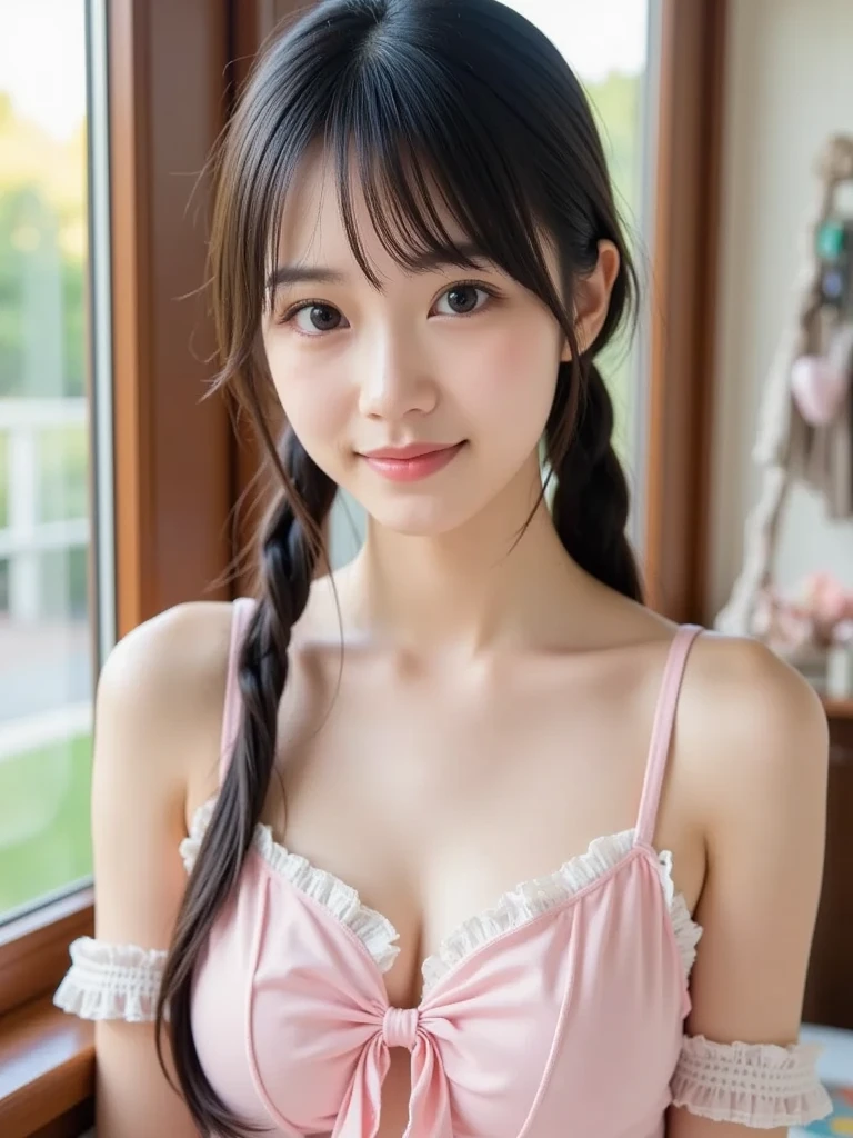 (Beautiful Woman Photo)
(Mastepiece:1.3)Beautiful Japanese girl,((smile:1.4)),Beautiful face,(Lifelike face),Beautiful delicate eyes,((White one piece dress)),Realistic eyes,Beautiful skin,Realistic skin texture(Real Skin)Radiant Skin,Professional Lighting,((Jet black shiny twin tail braid)),((Short bangs)),,Mid-chest,High resolution,Sharp Focus,Ultra high definition eyes,
