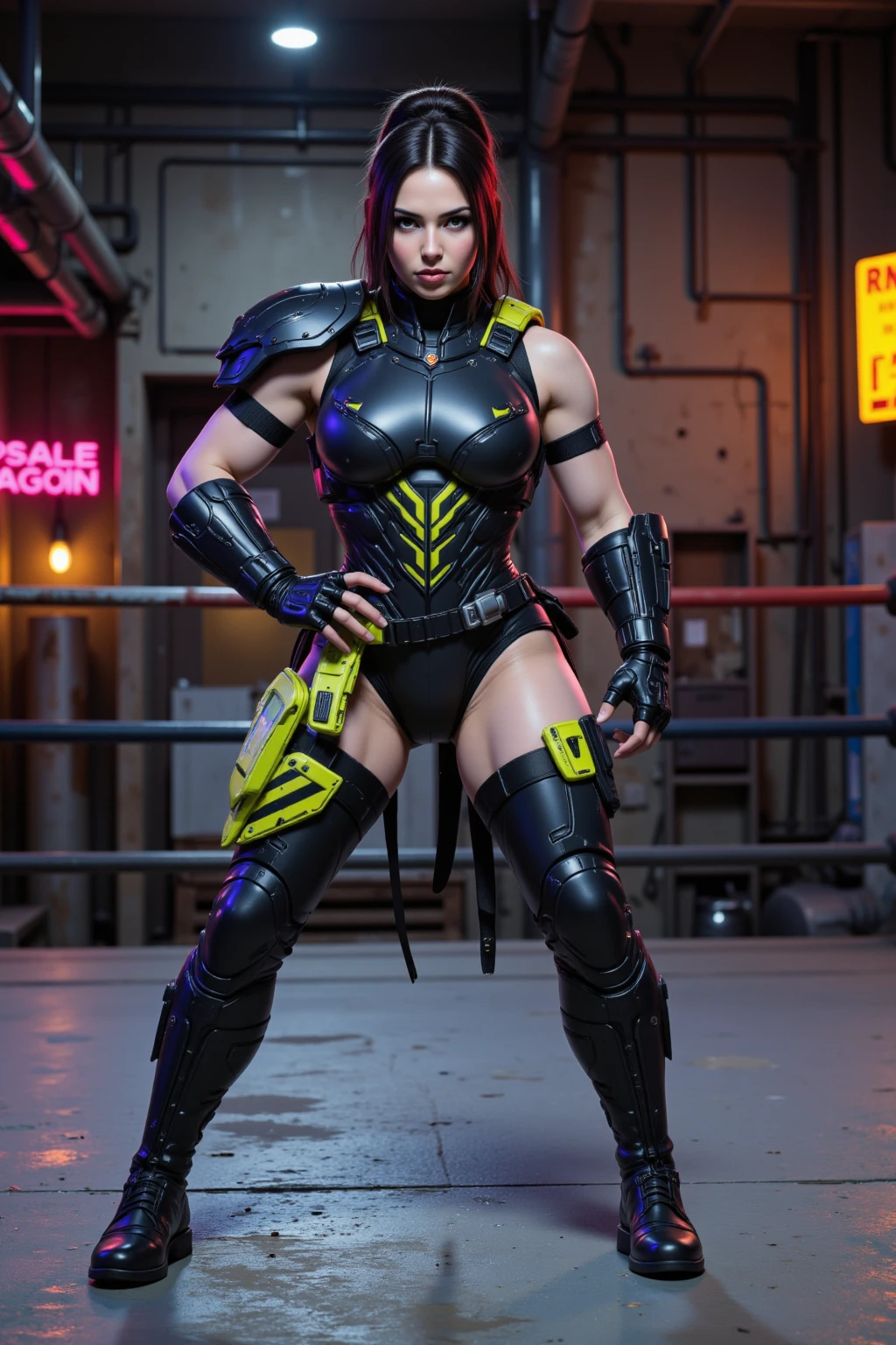(((Meisterwerk, highest quality, hight resolution, Hohe Detailgenauigkeit)))), Photograph of a muscular and very busty female orc warrior in tight, short, leather clothes.
She has dark green skin with old battle scars.
She wears her long red hair as a mohawk, the sides of her head are shaved down to the skin.
She is standing in a throne room, threatening and dominating. She has very thick thighs, wide hips, very muscular, broad shoulders