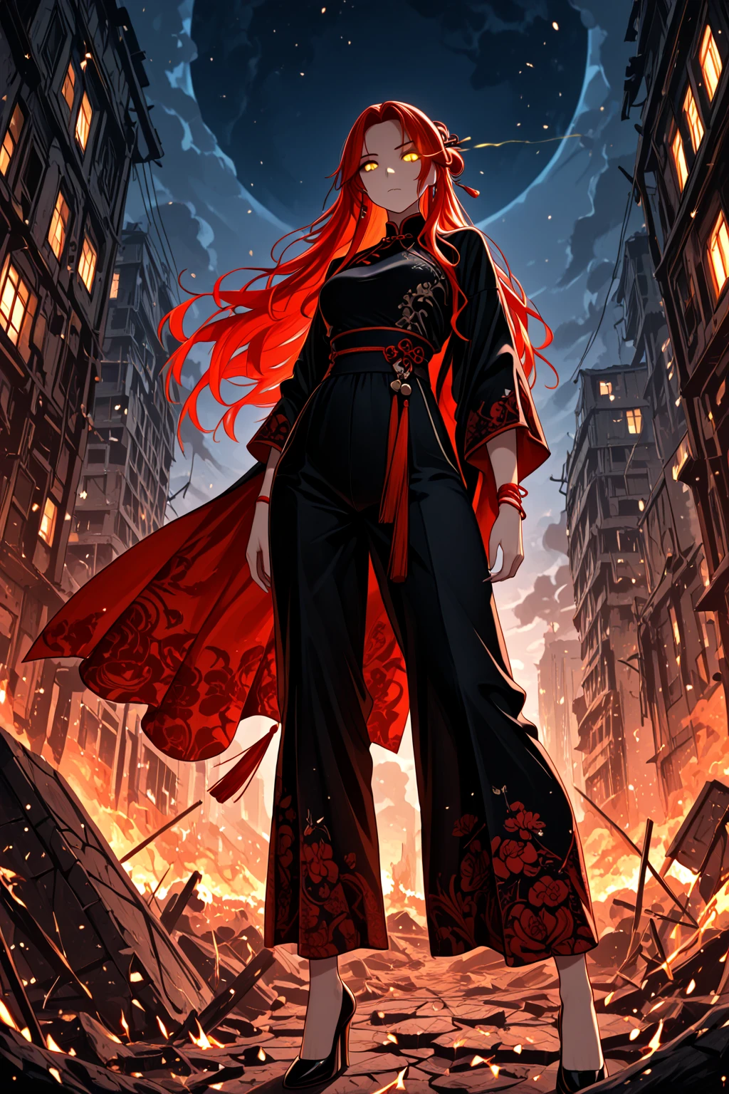masterpiece, best quality, anime style, full-body shot of a modern Chinese cultivator woman standing firmly in the center of a burning urban battlefield, black traditional hairstyle flowing in wind, vivid yellow glowing eye visible, face calm but intense, celestial aura radiating around her

strong battle stance: feet shoulder-width apart on cracked asphalt, one hand lowered at her side, the other slightly lifted as energy coils around her wrist, posture confident and unshakable, heels grounded on debris

outfit: sleek modernized Chinese blouse and fitted pants with high-contrast accents, black and crimson fabric embroidered with ancient symbols, glowing softly at the seams

**foreground element:** cracked pair of glasses lying visibly on a piece of broken stone, one lens shattered, metal frame reflecting city firelight, symbolic of restraint being abandoned

background: collapsed buildings, shattered signs, floating embers, thick smoke veiling neon skyline, magical distortion rippling behind her from unleashed divine power

lighting: cinematic contrast with warm firelight on one side and cool glow from celestial aura on the other, soft reflections on rubble and glass, intense eye glow lighting up cheek and forehead

composition: low angle with dramatic focus, glasses sharply in foreground, heroine towering over the urban ruins, cloak or long hair in motion, visual tension between stillness and unleashed chaos
