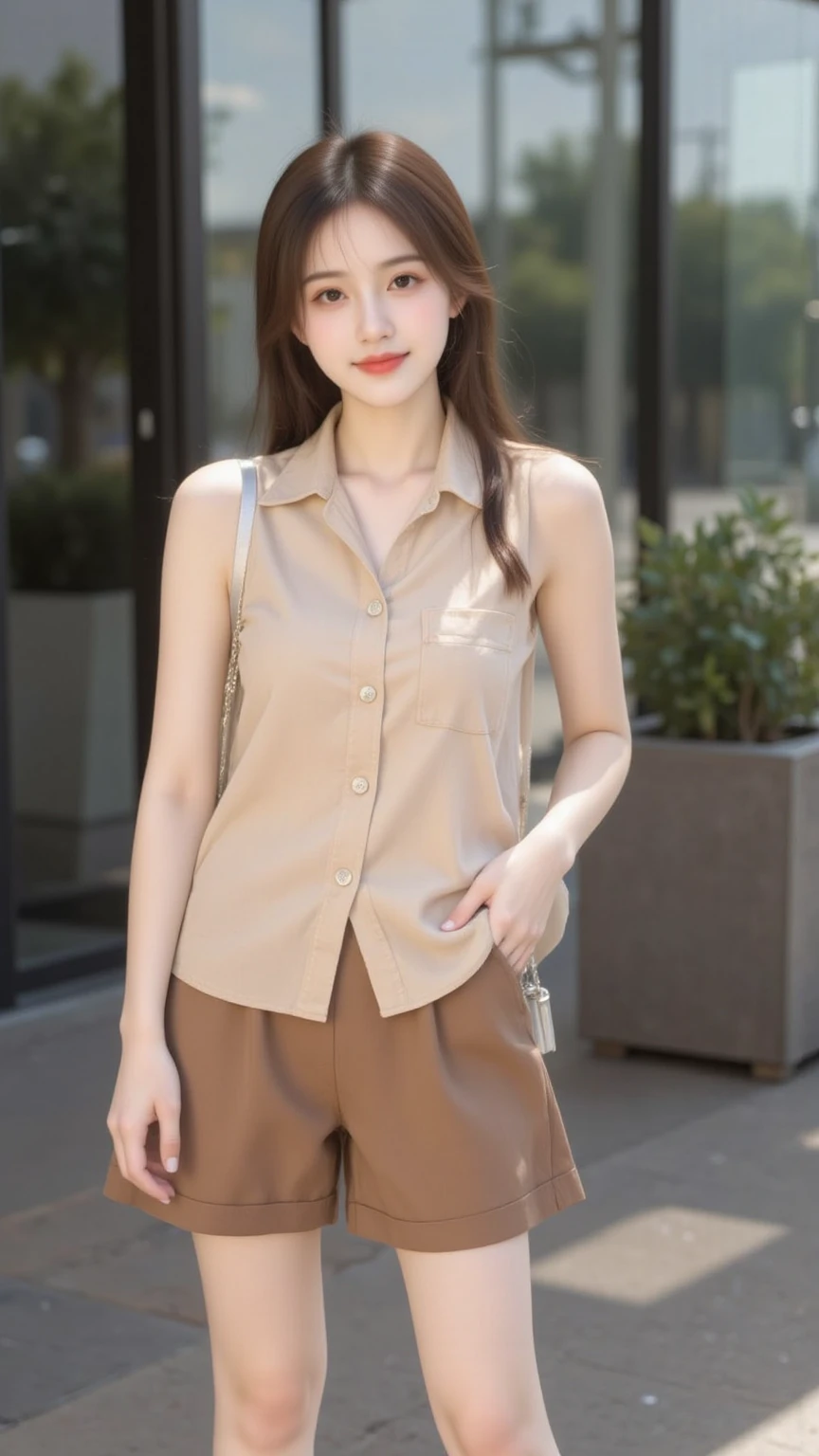 She is short, Brown hair and hazel eyes. She wore a simple salmon colored button down shirt and a short green skirt.
