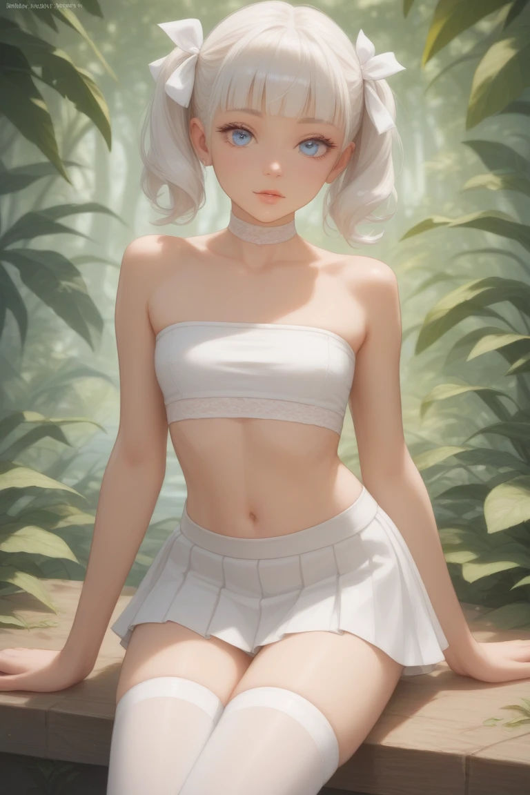 beautiful girl with short white hair ,against the background of the forest,in a white shirt and short shorts, black stockings,holding his stomach,lower abdominal pain,slightly bloated belly,short gestation period