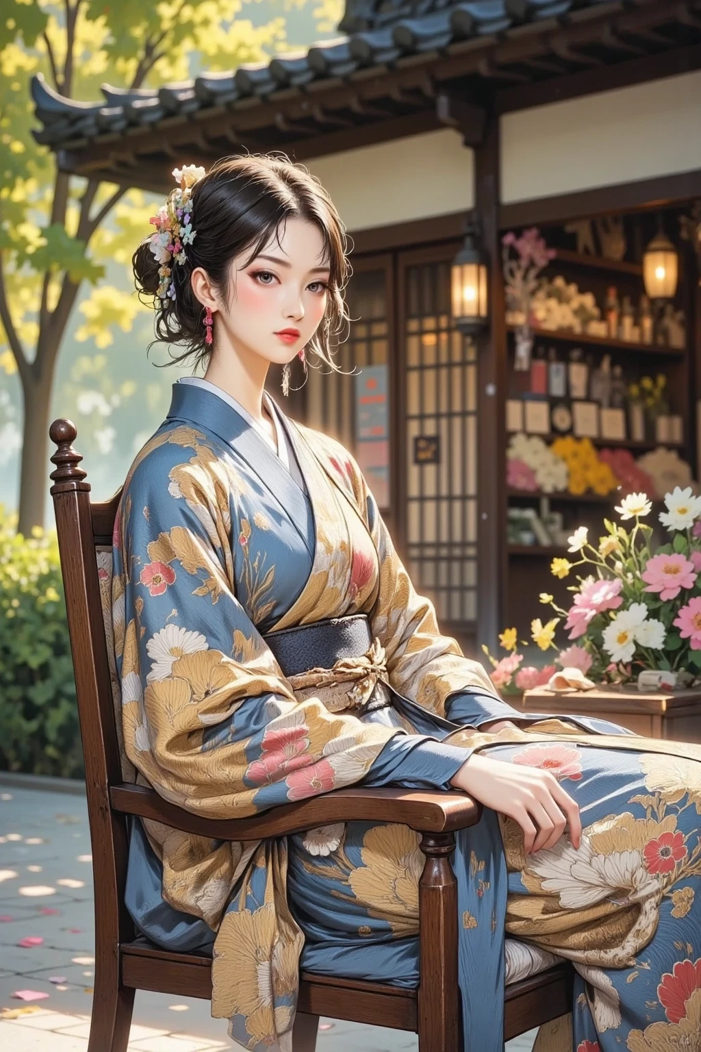 A woman sitting on a wooden chair relaxing in front of a flower shop、Wear a kimono and an apron、store owner、Very Detailed、best quality, 4K, 8K, high resolution, masterpiece, ultra-detailed, realistic, photorealistic, photo-realistic, HDR, UHD, studio lighting, ultra-fine painting, sharp focus, physically-based rendering, extreme detail description, professional, vivid colors, bokeh, sunlight filtering through the trees, clear々 atmosphere, soft light, delicate texture, Fine Textures, Relaxed Expression, the owner's dignified appearance, Careful handwork, Japanese elegance, Japanese aesthetics