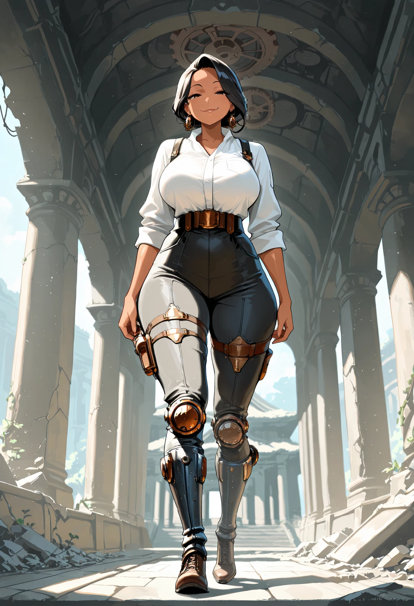 masterpiece, best quality, amazing quality, very aesthetic, high resolution, newest, hyper-detailed, (long shot), solo, 1girl mature woman, half-giant, black hair, short gang hair, african tan skin, smug smile, mechanic legs, steampunk legs,fighter clothes, fantasy theme, fan art, absurdres, temple ruins background, depth of field