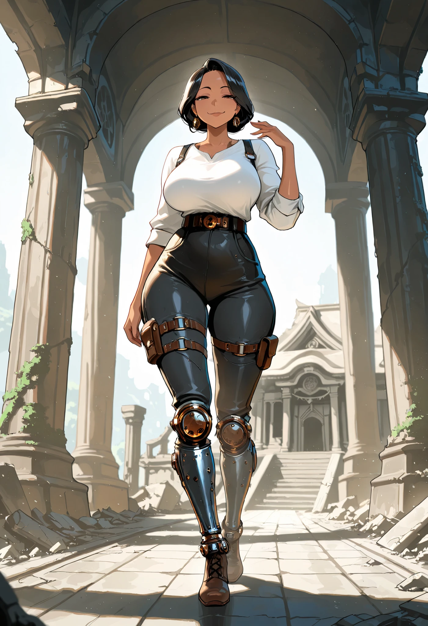 masterpiece, best quality, amazing quality, very aesthetic, high resolution, newest, hyper-detailed, (long shot), solo, 1girl mature woman, half-giant, black hair, short gang hair, african tan skin, smug smile, mechanic legs, steampunk legs,fighter clothes, fantasy theme, fan art, absurdres, temple ruins background, depth of field