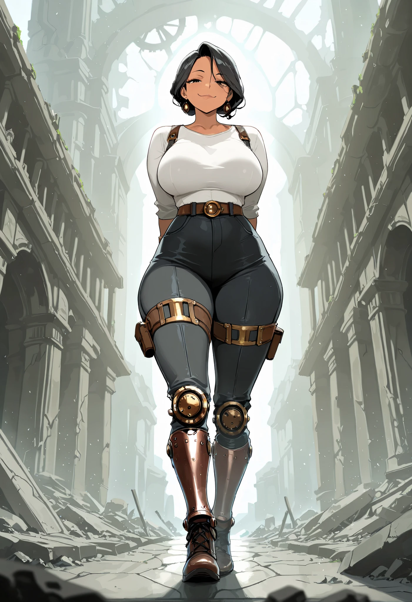 
masterpiece, best quality, amazing quality, very aesthetic, high resolution, newest, hyper-detailed, (long shot), solo, 1girl mature woman, half-giant, black hair, short gang hair, african tan skin, smug smile, mechanic legs, steampunk legs,fighter clothes, fantasy theme, fan art, absurdres, temple ruins background, depth of field