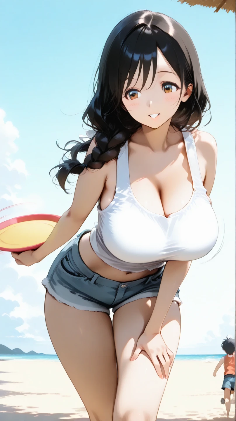 (masutepiece, Best Quality, High resolution:1.5, anime colours, megami magazine:1.2, anime poster style, anime keyvisual, sharp, 8k, photorealistic), (beautiful detailed eyes:1.5, beautiful detailed face:1.2), madoka ayukawa, 1girl, blush, (black hair, Long Hair), (sagging huge breasts), (tank top:1.2, no bra), upper body, (Perfect detailed Anatomy, beautiful detailed hair, beautiful detailed body:1.2, shiny skin), (thick outline, Beautiful outlines, black outlines), simple background:1.5