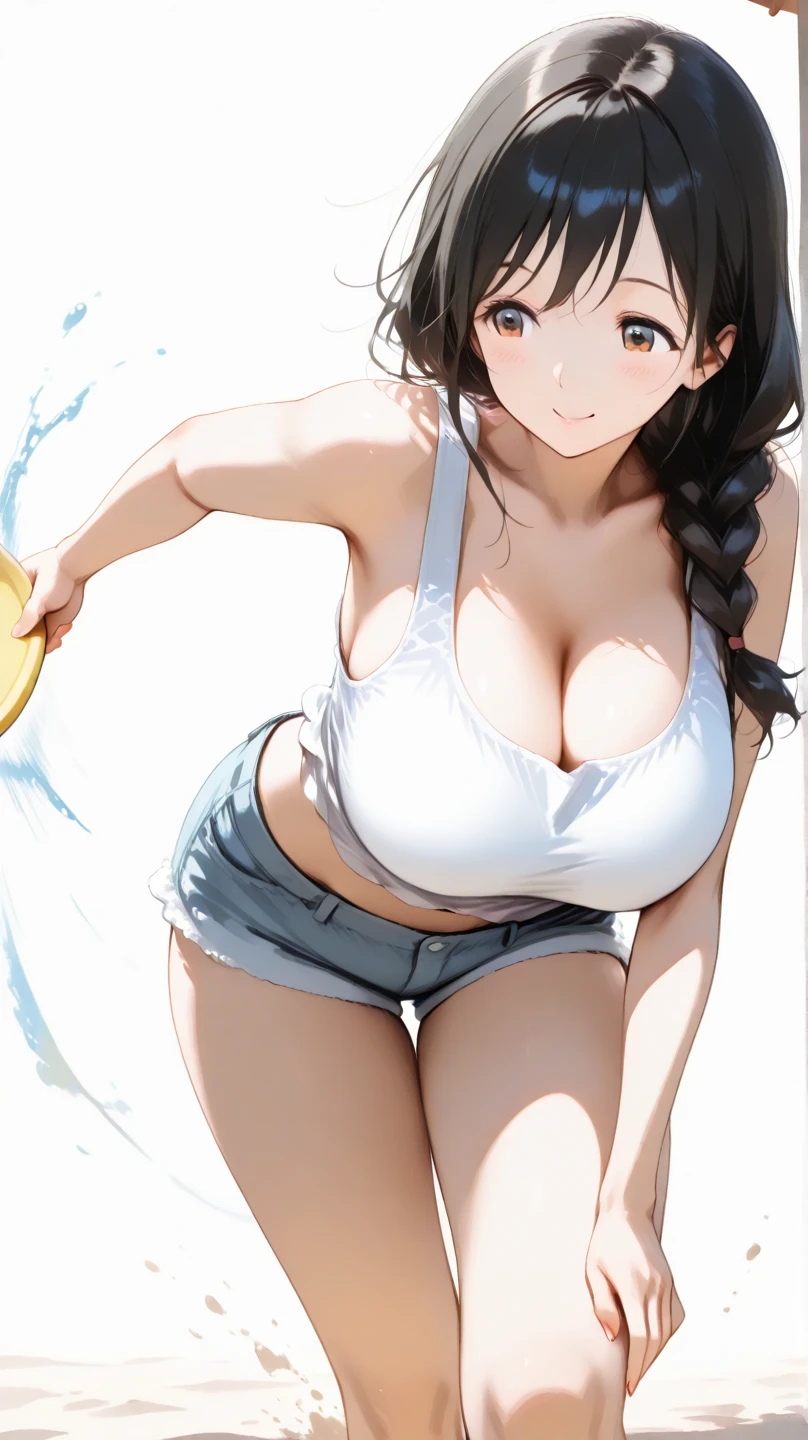 [1girl, chi-chi \(dragon ball\), dragon ball], (goblin slayer!), (throw_hand, pink vibrator remote switch in throw_hand, throw:1.2), Highest quality, Super detailed, masterpiece, Ultra-high resolution, 8K, Ridiculous, Cowboy Shooting, Blurred, Focus on the girl, Embarrassing, blush, Lovely, Open your mouth, What saliva leaves behind, Wet skirt hem, (Sticky panties:1.1), Bulging of the vibrator cord, Vibrator with Garters, (cleavage), Classroom Background, The skirt is accidentally exposed,(large breasts), (crop top navel), (waist line), Accidentally exposed panties