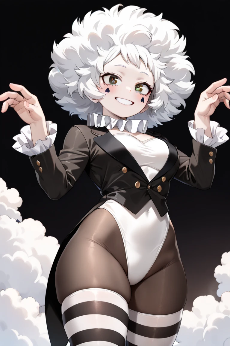 ((masterpiece, best quality,  High Resolution , 4K)), ((My Hero Academia draw style)), (Brown Eyes, Spade Pupils), ((White hair, Cloud Hair, Fluffy Hair, afro Made of clouds)), ((Female Character)), (Beautiful Eyes , Smiling, Delicate and beautiful face, White makeup, Pale skin), My Hero Academia Art Style, smooth shading, solo, Mature female, Thick thighs ((Mime Outfit, elegant outfit, Black and White, ballet leotard, Black Pantyhose, Striped Thighhighs, White and Black Thighighs, Black and White Tailcoat, Long Sleeves, Frilled Sleeves, Neck Ruff)) Standing, Mime pose
My hero academia character