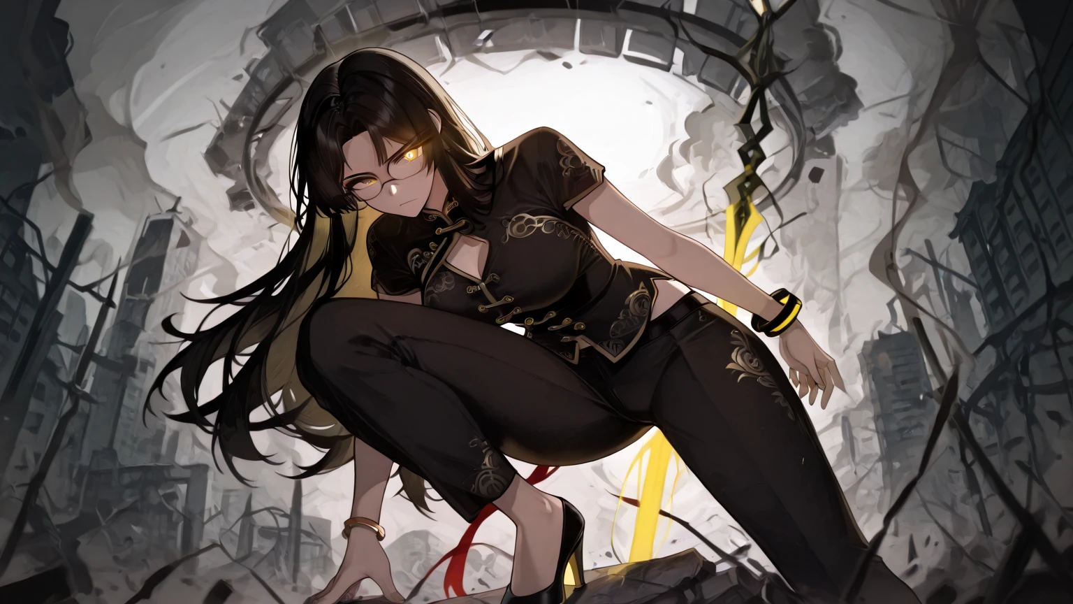 masterpiece, best quality, anime style, full-body shot of a modern Chinese cultivator woman standing firmly in the center of a burning urban battlefield, black traditional hairstyle flowing in wind, vivid yellow glowing eye visible, face calm but intense, celestial aura radiating around her

strong battle stance: feet shoulder-width apart on cracked asphalt, one hand lowered at her side, the other slightly lifted as energy coils around her wrist, posture confident and unshakable, heels grounded on debris

outfit: sleek modernized Chinese blouse and fitted pants with high-contrast accents, black and crimson fabric embroidered with ancient symbols, glowing softly at the seams

**foreground element:** cracked pair of glasses lying visibly on a piece of broken stone, one lens shattered, metal frame reflecting city firelight, symbolic of restraint being abandoned

background: collapsed buildings, shattered signs, floating embers, thick smoke veiling neon skyline, magical distortion rippling behind her from unleashed divine power

lighting: cinematic contrast with warm firelight on one side and cool glow from celestial aura on the other, soft reflections on rubble and glass, intense eye glow lighting up cheek and forehead

composition: low angle with dramatic focus, glasses sharply in foreground, heroine towering over the urban ruins, cloak or long hair in motion, visual tension between stillness and unleashed chaos