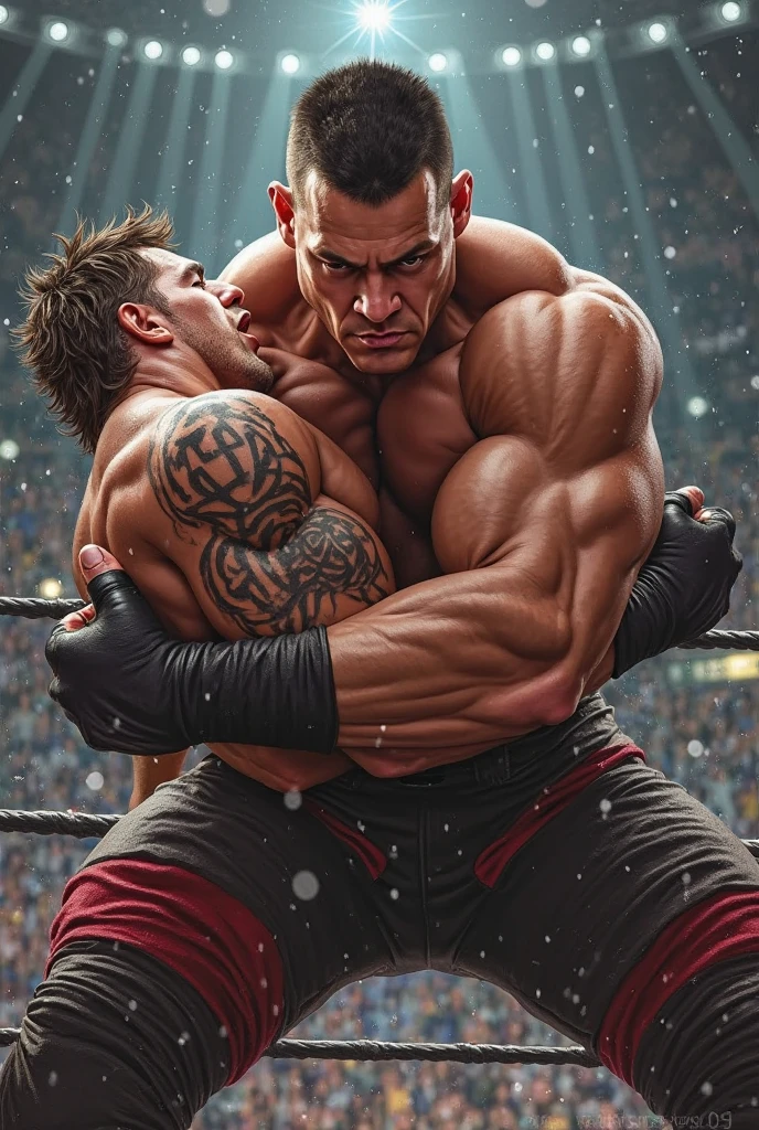 manga, monochrome, white background, heel wrestler wearing gray tights, wrestler's crotch is clenched by other hand, hunk, middle-aged man, pale face, eyes wide open with agony face, puckered lips and mouth open, raise eyebrows, shirtless, combed-back hair, beard, forward-jutting lower jaw, turn face upward, 3 panel comic,