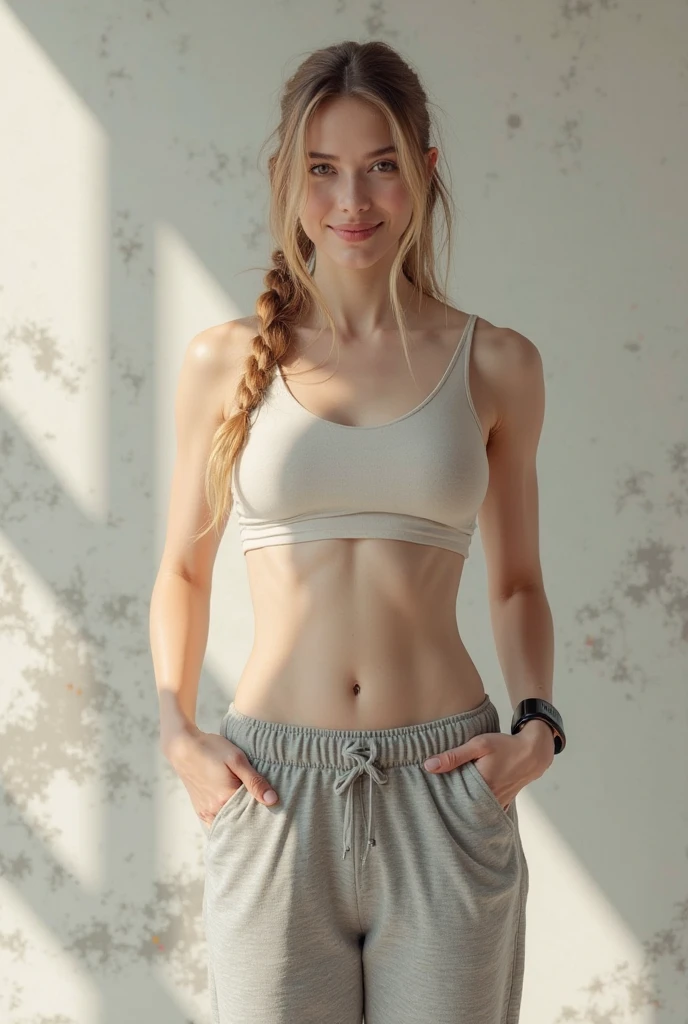 1 girl,half , breast cup b, warm lights、It seems cold outside the window. Looks Japanese and African. ,almond eyes, full lips, large eyes, full lips, almond eyes, full lips, and prominent cheekbones, Delgado waist, shaped body, wearing casual clothes, long wavy blonde hair, long blonde hair cut, Symmetrical green eyes, symmetrical face, photorealistic, Photography, path tracing, specular lighting, volumetric face light, traced path of maximum quality hair{(mesa) (8K high resolution) (premium) , woman in a dream forest at night, with fluffy hair, delicate face, realistic, real, delgado, grand opening, sexy photos, attractive poses, Instagram Template, wearing white yoga pants and gray cap, tight yoga pants, long pants, Short shirt, open navel, short sleeves, tight shirt, gray cap, In front of the audience