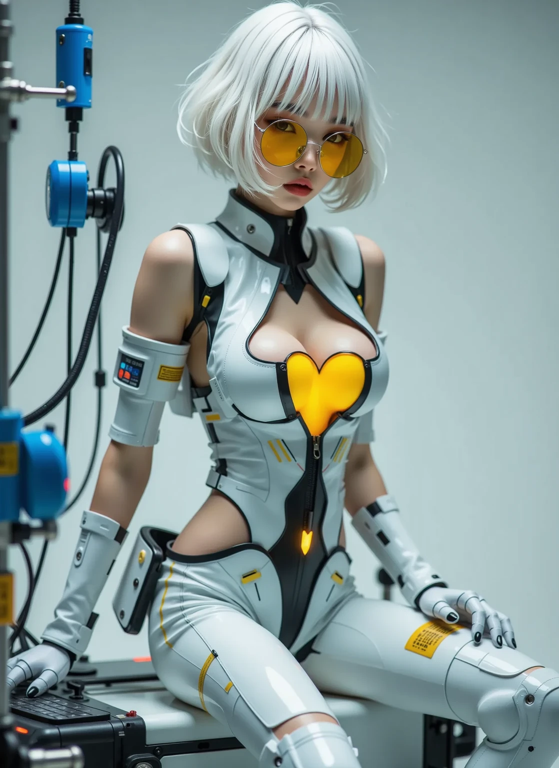 Environmental wide angle shot of cyborg in clean tidy home room, action shot, cyberpunk outfit, cracked porcelain skin, russian woman, blonde with robust body, vibrant, photorealistic, realistic, dramatic, dark, sharp focus, 8k.