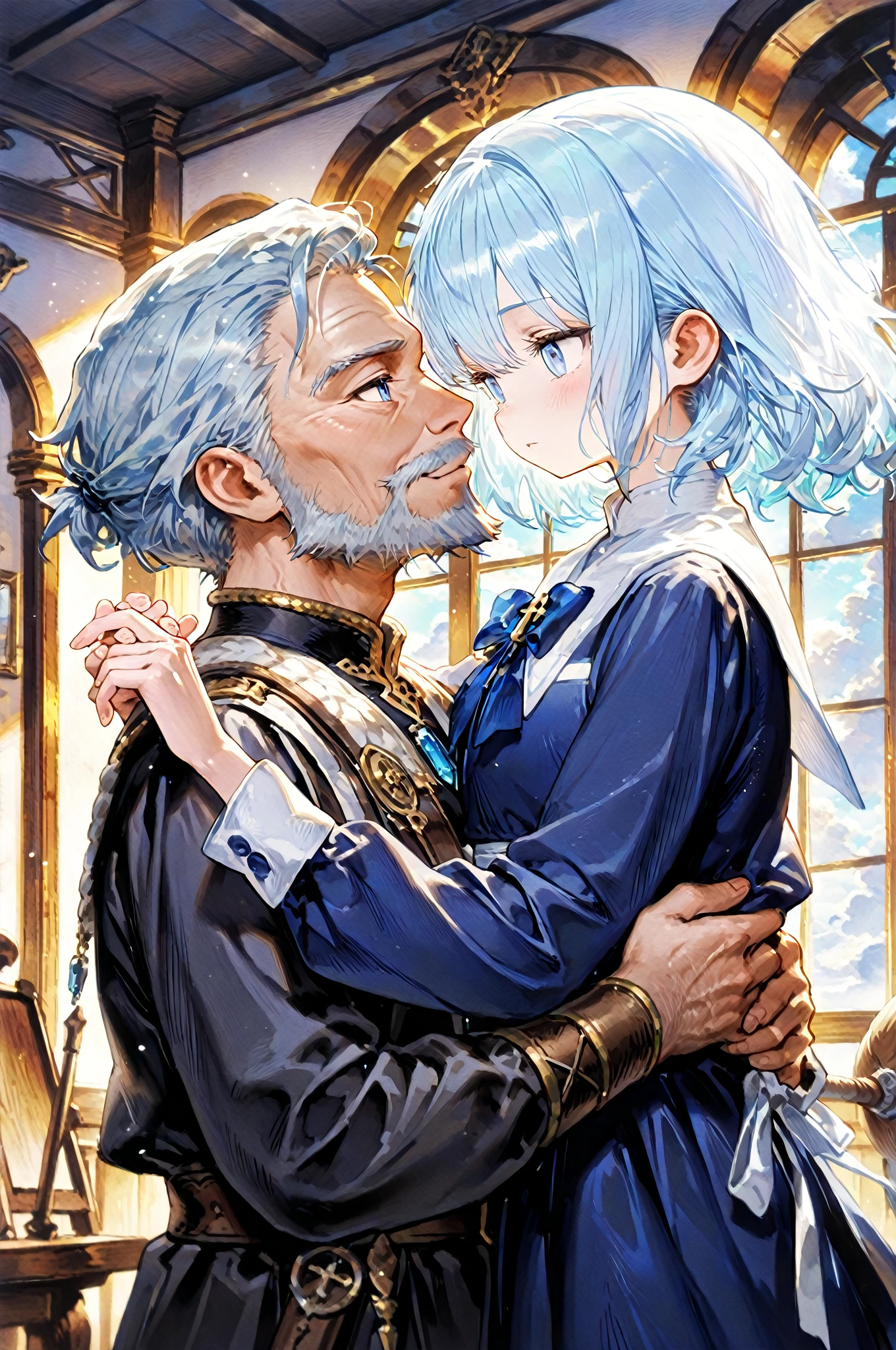 ,clear lines ,best quality , top-quality , Exquisite Fantasy Art, male,light blue hair and beard、navy blue eyes,　old man、Cloud attributes、fantasy world、The four arms made of clouds from behind　、are thunderhead's mallets held in each hand、thirties / 60s、Profession:king、Meeting Room, 