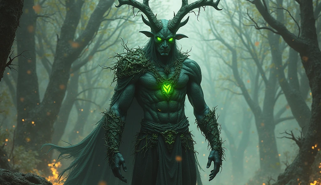 a man that is standing in the water, concept art of a dark forest, with black horns instead of ears, holding green fire, emaciated, deer, full image, amalgamation of embers, demon full body <lora:Moommst-03:1>