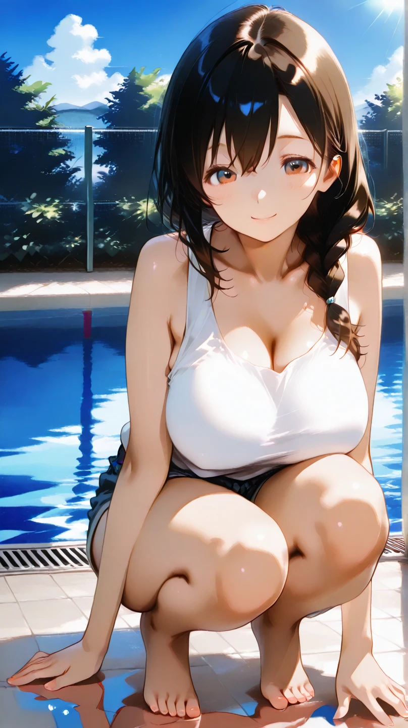girl alone in the rain、blush、((カラフルなtransparentキャミソール))、((standing by the pool and smiling))、look at the audience、heavy rain、big and full breasts、transparent, A colorful fluorescent camisole that sticks to your chest when wet、thin, Colorful fluorescent camisole that highlights your chest、transparentでカラフルな蛍光キャミソールを着た女の子と雨の中の女の子 、standing by the pool in the rain、Floral、hairpin、necklace、earrings、get wet and lean forward、look up from below、Depth of written boundary、尖ったred mouth、reddish brown wet shiny short hair,red mouth,black eye、clavicle、beautiful fingers、hourglass body、full body portrait、stretch your chest and relax、cute wet face、full body portrait、cute wet face、digital illustration, (Photoreal:1.3),(Raw photo.), (table top,highest quality,Ultra high resolution output image,) (8K quality,),(Image mode Ultra HD,),(Image mode Ultra HD)、