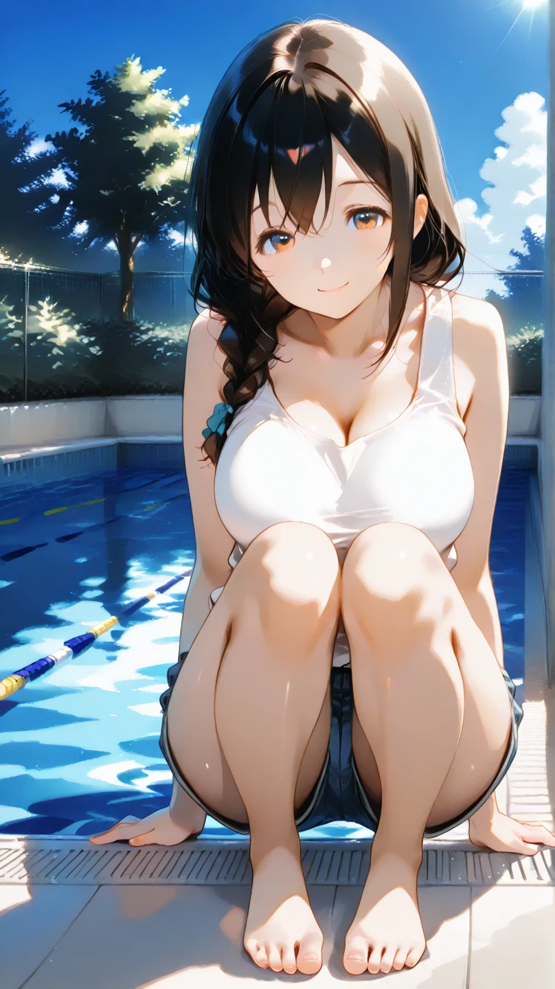 ((Top Quality)), ((Masterpiece)), ((Details)), perfect face, perfect body, sitting by the pool, listening to music, wearing headphones, wearing swimsuit, transparent swimsuit, wearing clothes exposing tight hips and breasts Woman with face visible, sitting with legs apart, big breast, big hip