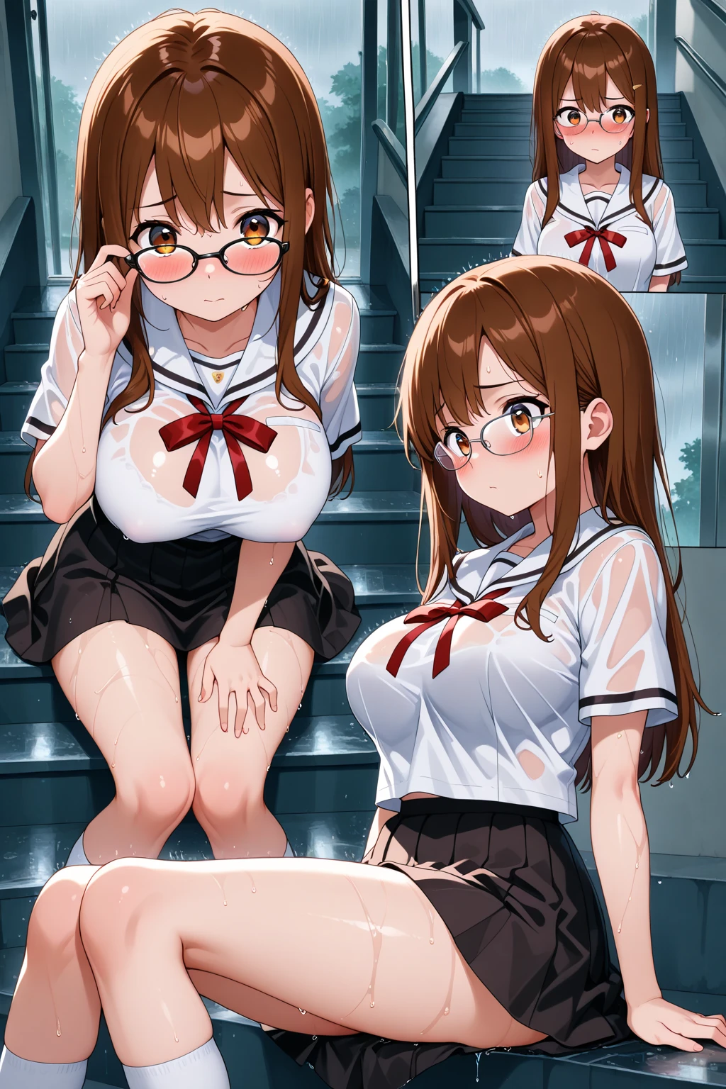 Highest quality, Ultra-high resolution, (Realistic: )2D official style cel animation,((Two girls sitting side by side, drawn by artist Yoshinori Shizuma))office lady,Tight Skirt,mini skirt,Straight hair,head band,Glasses(Embroidered panties,Embroidered bra)(((Nipples)))((pumps)),Full body portrait,(From below),Station stairs,sunny,Quite embarrassing,blush,Please unbutton your shirt