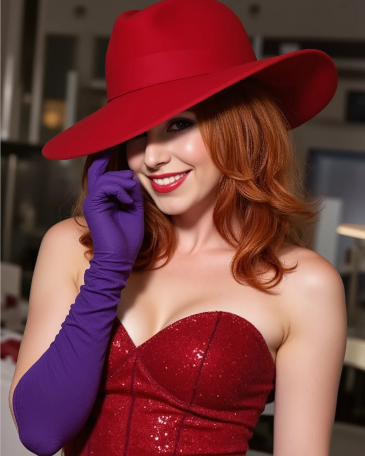 hair covering one eye,jessica rabbit,A realistic, photographic image of Kari Byron, karibyron, cosplaying as Jessica Rabbit. Wearing sparkling red strapless dress and long purple gloves, wearing a broad rimmed red hat
