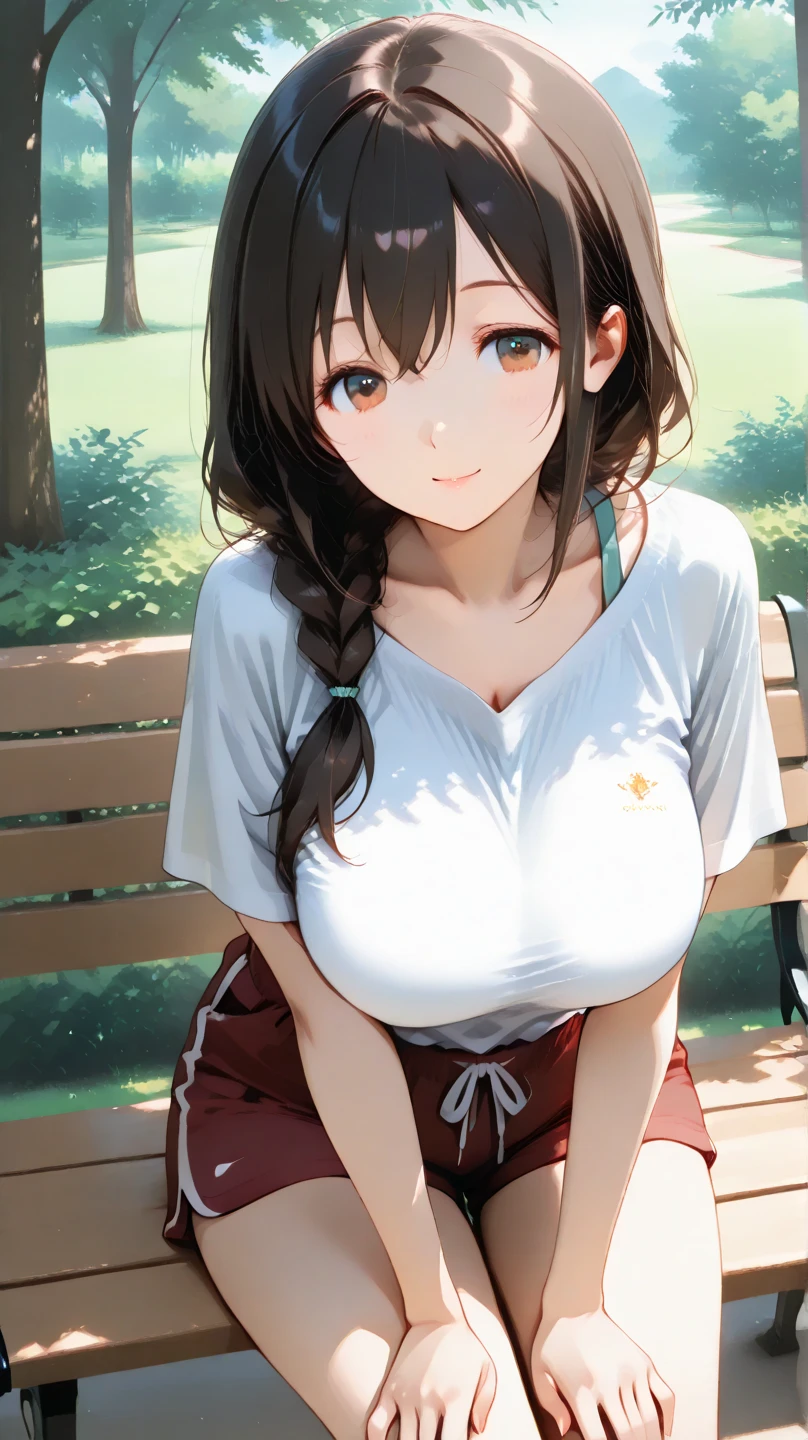 (masterpiece), (highest quality), (Super detailed),  17 years old, blush, ((lift up:1.2)), (Tuck up your cute clothes), ((topless)), (slender) ,Happy, View Viewer, Park with trees, shy ,sit on the bench, anxiety, smile, mischief,(Shiny skin), from the front, ear, (Nipples), (white micro thong),(((Bust Shot))),(Laughing with your mouth open), (Various hairstyles), 