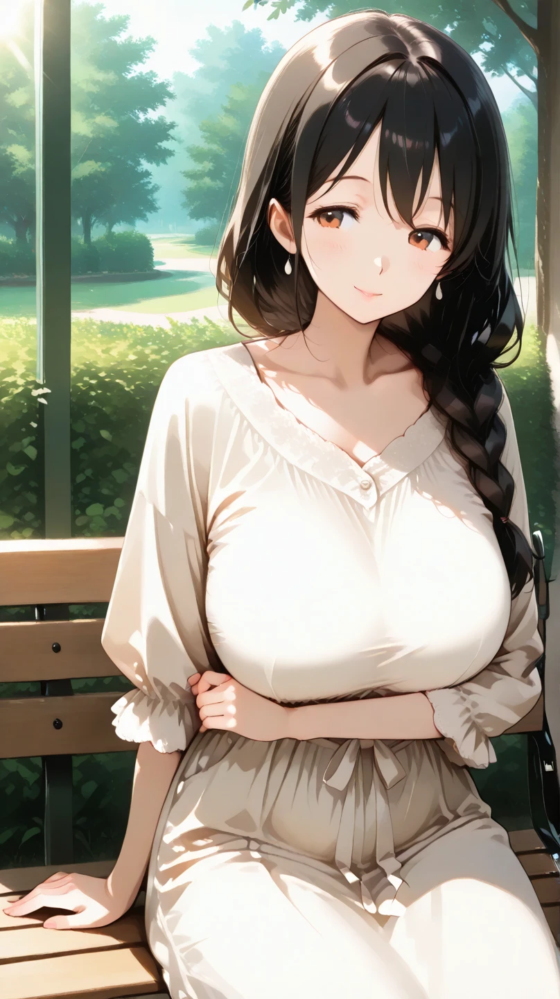 Cute mommy, mature women, realistic skin,perfect ,black hair, long hair, (hair over one eye:1.4), messy hair, hair between eyes, appron,pink mini skirt, chubby,plump,fat,pucker lips,cute shy blush on,garden, under tree,night
