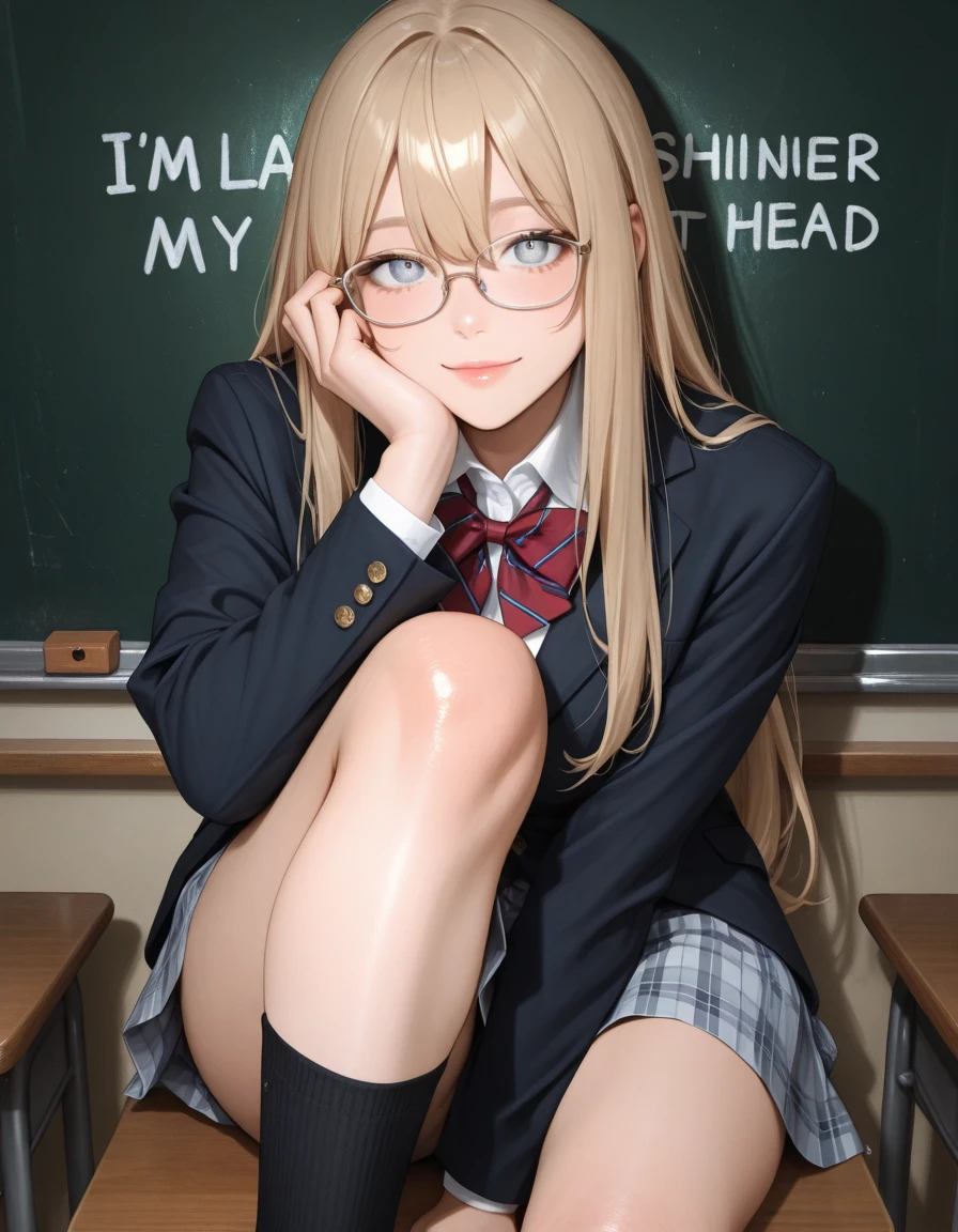 Transparent long hair、hime-cut、Golden Eyes、eye glasses、ssmile、Early teens girl、flat chest、Thin pubic hair、Beautiful open legs、Opening legs、school classrooms