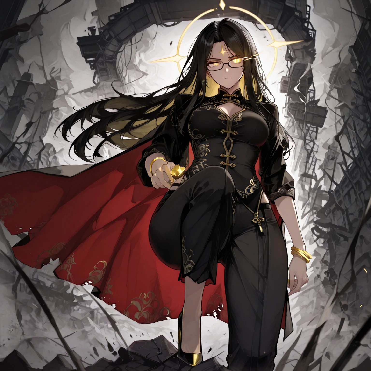 masterpiece, best quality, anime style, full-body shot of a modern Chinese cultivator woman standing firmly in the center of a burning urban battlefield, black traditional hairstyle flowing in wind, vivid yellow glowing eye visible, face calm but intense, celestial aura radiating around her

strong battle stance: feet shoulder-width apart on cracked asphalt, one hand lowered at her side, the other slightly lifted as energy coils around her wrist, posture confident and unshakable, heels grounded on debris

outfit: sleek modernized Chinese blouse and fitted pants with high-contrast accents, black and crimson fabric embroidered with ancient symbols, glowing softly at the seams

**foreground element:** cracked pair of glasses lying visibly on a piece of broken stone, one lens shattered, metal frame reflecting city firelight, symbolic of restraint being abandoned

background: collapsed buildings, shattered signs, floating embers, thick smoke veiling neon skyline, magical distortion rippling behind her from unleashed divine power

lighting: cinematic contrast with warm firelight on one side and cool glow from celestial aura on the other, soft reflections on rubble and glass, intense eye glow lighting up cheek and forehead

composition: low angle with dramatic focus, glasses sharply in foreground, heroine towering over the urban ruins, cloak or long hair in motion, visual tension between stillness and unleashed chaos