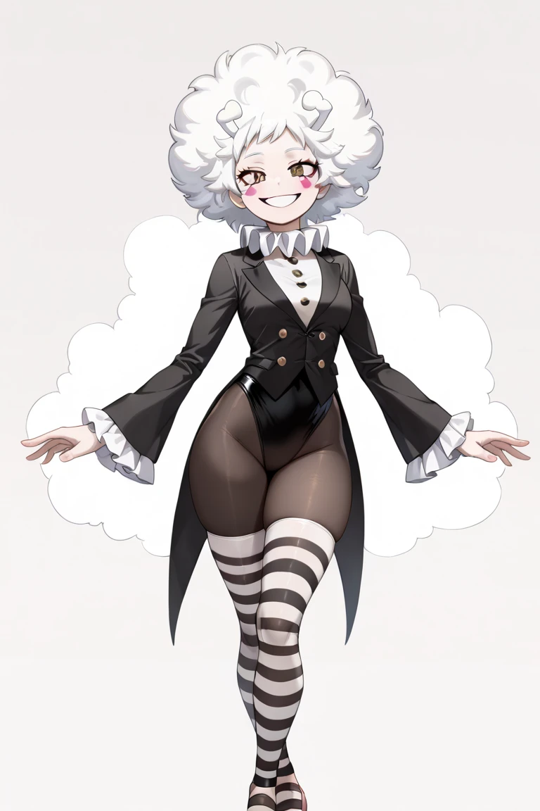 ((masterpiece, best quality,  High Resolution , 4K)), ((My Hero Academia draw style)), (Brown Eyes, Spade Pupils), ((White hair, Cloud Hair, Fluffy Hair, afro Made of clouds)), ((Female Character)), (Beautiful Eyes , Smiling, Delicate and beautiful face, White makeup, Pale skin), My Hero Academia Art Style, smooth shading, solo, Mature female, Thick thighs ((Mime Outfit, elegant outfit, Black and White, ballet leotard, Black Pantyhose, Striped Thighhighs, White and Black Thighighs, Black and White Tailcoat, Long Sleeves, Frilled Sleeves, Neck Ruff)) Standing, Mime pose
My hero academia character