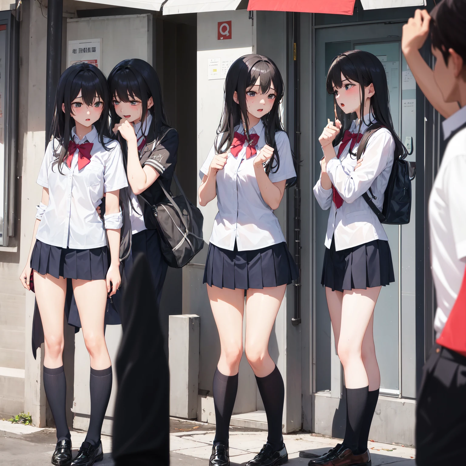 女の子1人、adjusting clothes、Street、Large crowds、white shirt、from the rear、s ass、Skirt pulling、pleatedskirt、white panties、masterpiece、top-quality、A highly detailed