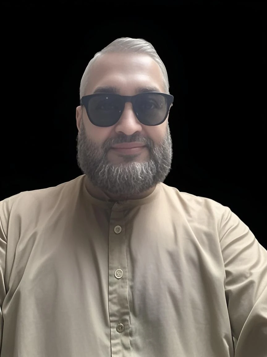 A big Saudi man wearing a white Saudi men's thobe He has a very big penis.