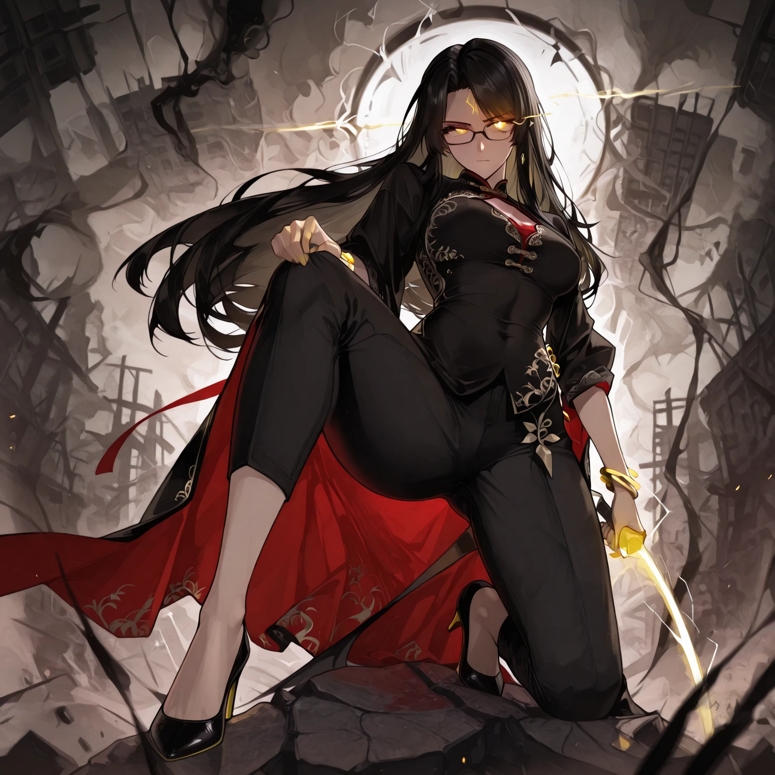 masterpiece, best quality, anime style, full-body shot of a modern Chinese cultivator woman standing firmly in the center of a burning urban battlefield, black traditional hairstyle flowing in wind, vivid yellow glowing eye visible, face calm but intense, celestial aura radiating around her

strong battle stance: feet shoulder-width apart on cracked asphalt, one hand lowered at her side, the other slightly lifted as energy coils around her wrist, posture confident and unshakable, heels grounded on debris

outfit: sleek modernized Chinese blouse and fitted pants with high-contrast accents, black and crimson fabric embroidered with ancient symbols, glowing softly at the seams

background: collapsed buildings, shattered signs, floating embers, thick smoke veiling neon skyline, magical distortion rippling behind her from unleashed divine power

lighting: cinematic contrast with warm firelight on one side and cool glow from celestial aura on the other, soft reflections on rubble and glass, intense eye glow lighting up cheek and forehead

composition: low angle with dramatic focus, glasses sharply in foreground, heroine towering over the urban ruins, cloak or long hair in motion, visual tension between stillness and unleashed chaos