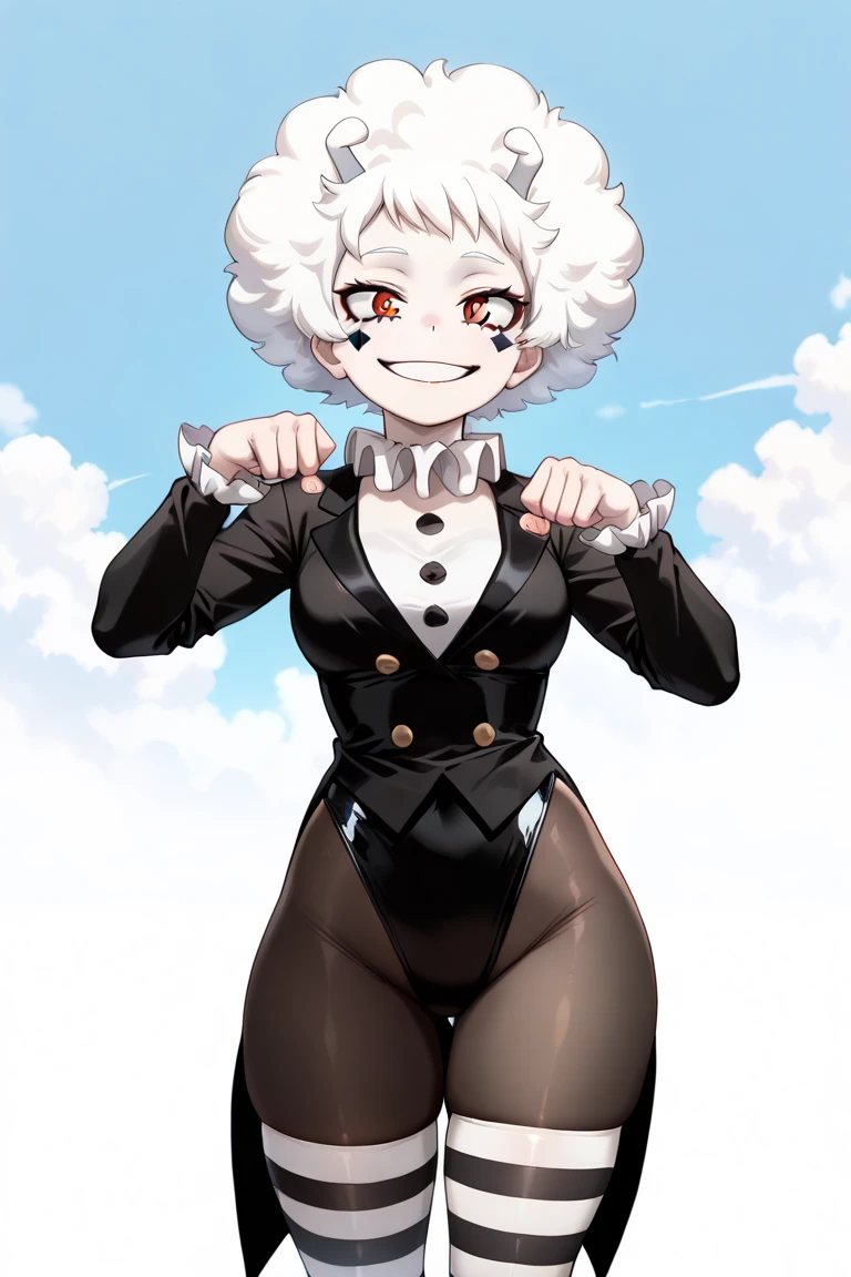 ((masterpiece, best quality,  High Resolution , 4K)), ((My Hero Academia draw style)), (Brown Eyes, Spade Pupils), ((White hair, Cloud Hair, Fluffy Hair, afro Made of clouds)), ((Female Character)), (Beautiful Eyes , Smiling, Delicate and beautiful face, White makeup, Pale skin), My Hero Academia Art Style, smooth shading, solo, Mature female, Thick thighs ((Mime Outfit, elegant outfit, Black and White, ballet leotard, Black Pantyhose, Striped Thighhighs, White and Black Thighighs, Black and White Tailcoat, Long Sleeves, Frilled Sleeves, Neck Ruff)) Standing, Mime pose
My hero academia character