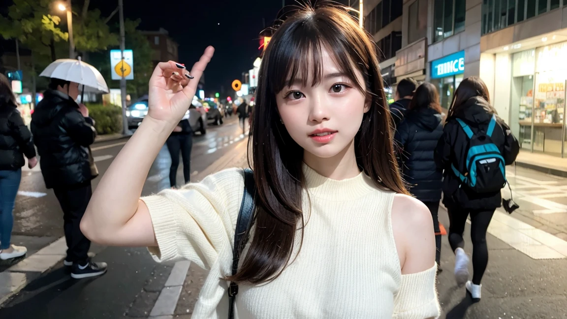 Ultra-high resolution, Superior Quality, Highest quality, Super detailed, Realistic, 8K, RAW Photos, Highest quality, masterpiece, Attractive girl, A wonderful girl, Brown Hair, Shoulder-length layered, Asymmetrical bangs, K-Pop Idols, Sophisticated, stylish, White knit, Shibuya Ward,
